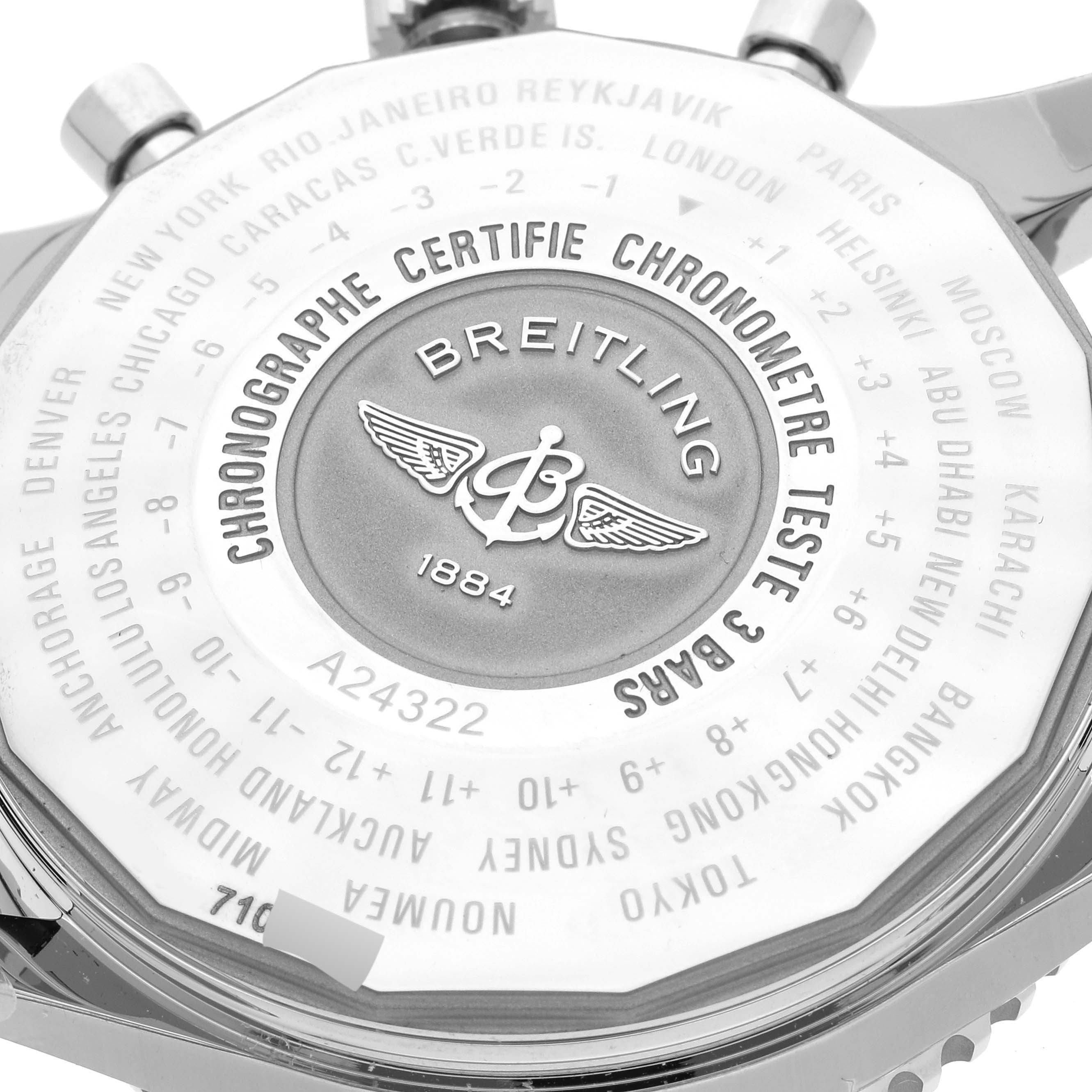 This image shows the back of the Breitling Navitimer A24322 Men's Stainless Steel Black Dial A24322 Men's Stainless Steel Black Dial watch, displaying the brand logo and various global city time zones.