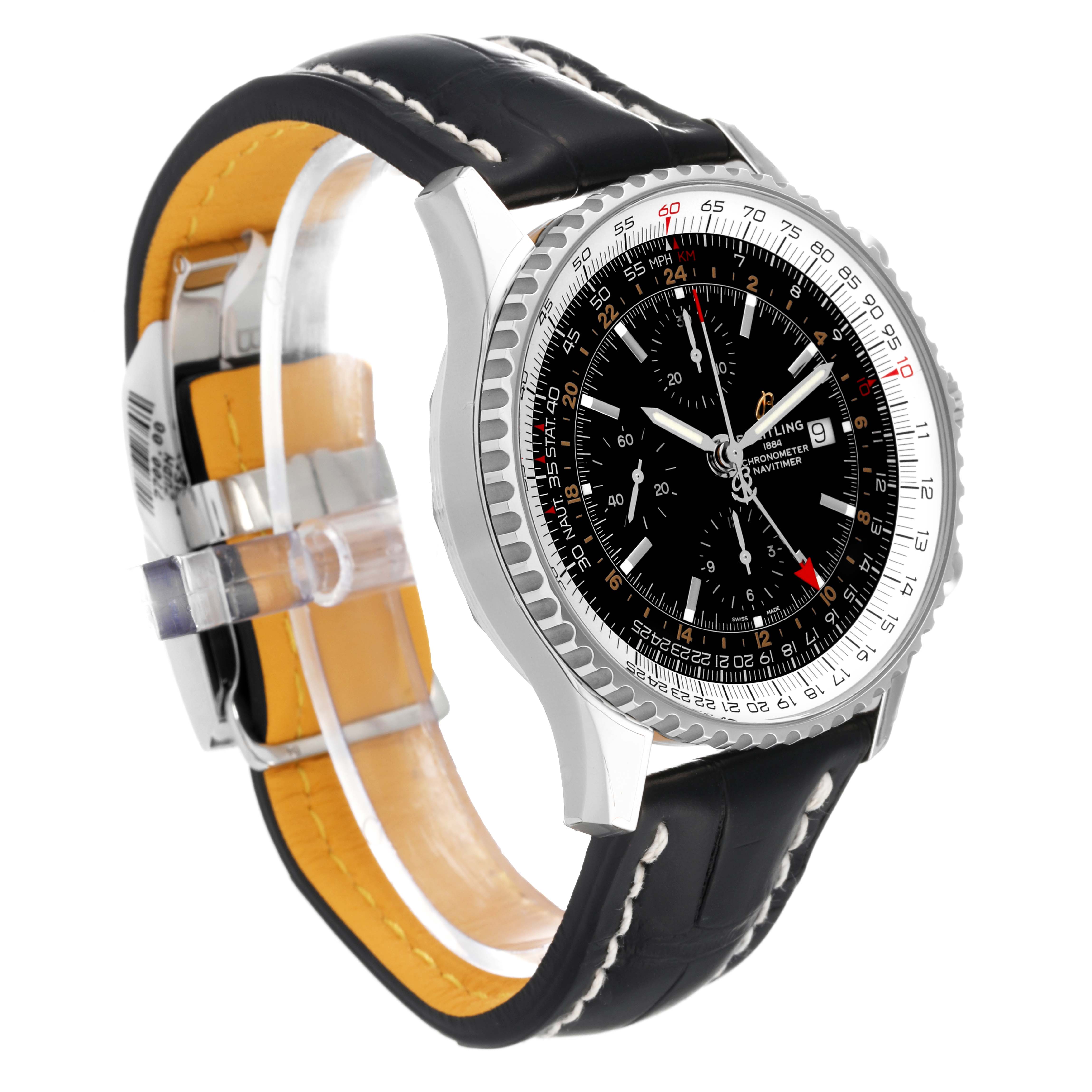 The image shows a side angle of the Breitling Navitimer A24322 Men's Stainless Steel Black Dial A24322 Men's Stainless Steel Black Dial model, displaying its case, bezel, black dial, and leather strap.