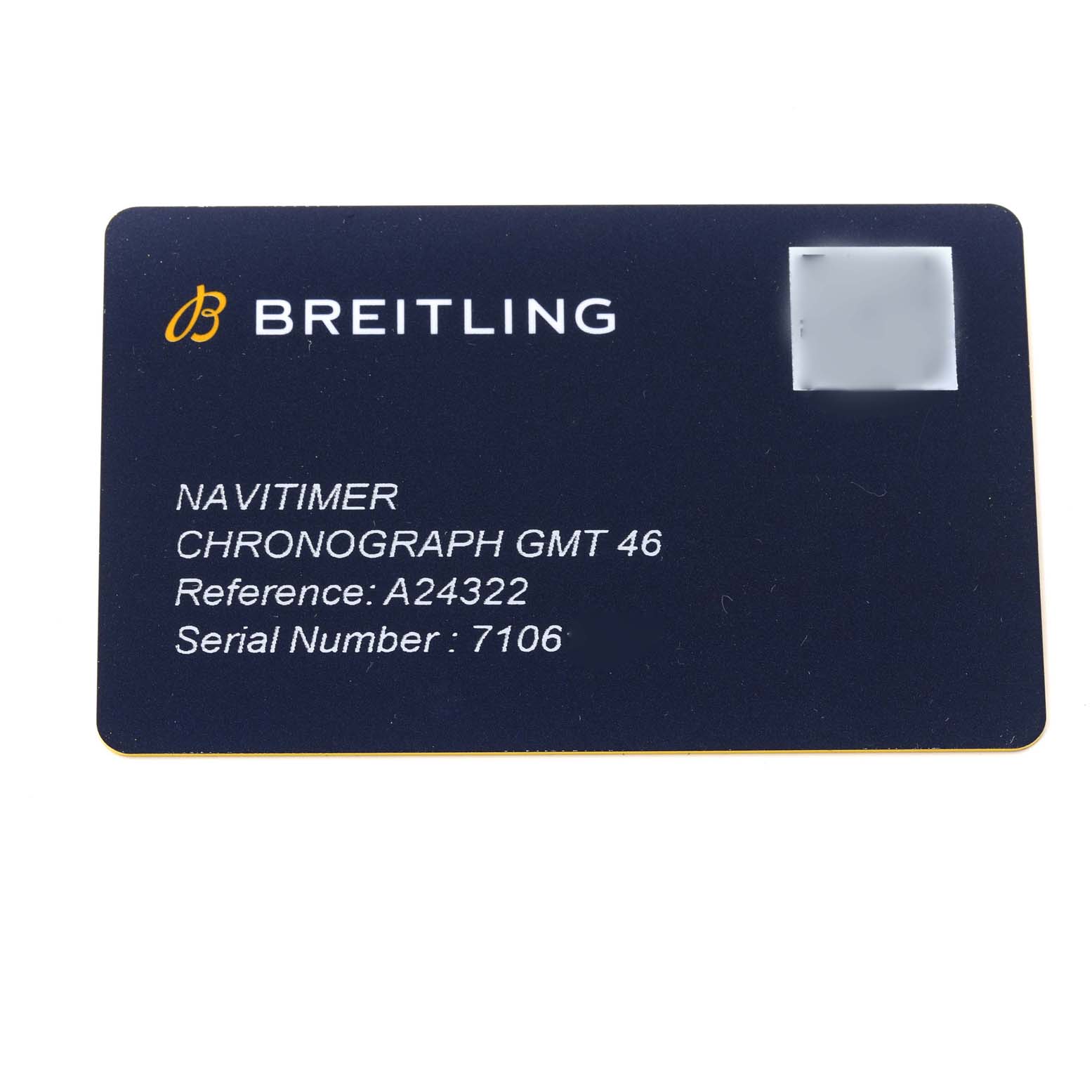 This image shows an identification card for the Breitling Navitimer A24322 Men
s Stainless Steel Blue Dial A24322 Men
s Stainless Steel Blue Dial Chronograph GMT 46 with reference number A24322 and serial number 7106.