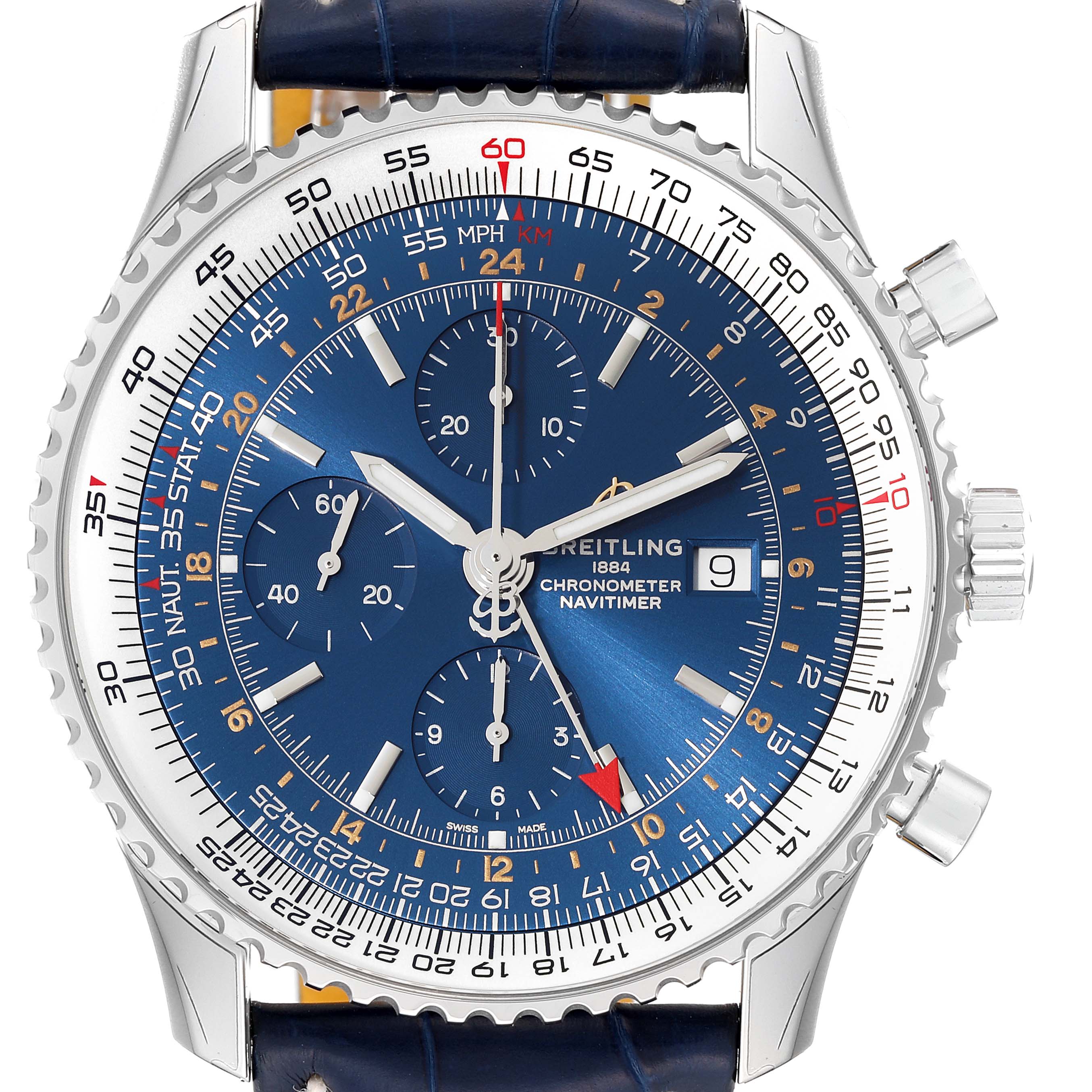 The image shows a front view of a Breitling Navitimer A24322 Men
s Stainless Steel Blue Dial A24322 Men
s Stainless Steel Blue Dial watch, highlighting its dial, subdials, bezel, and crown.