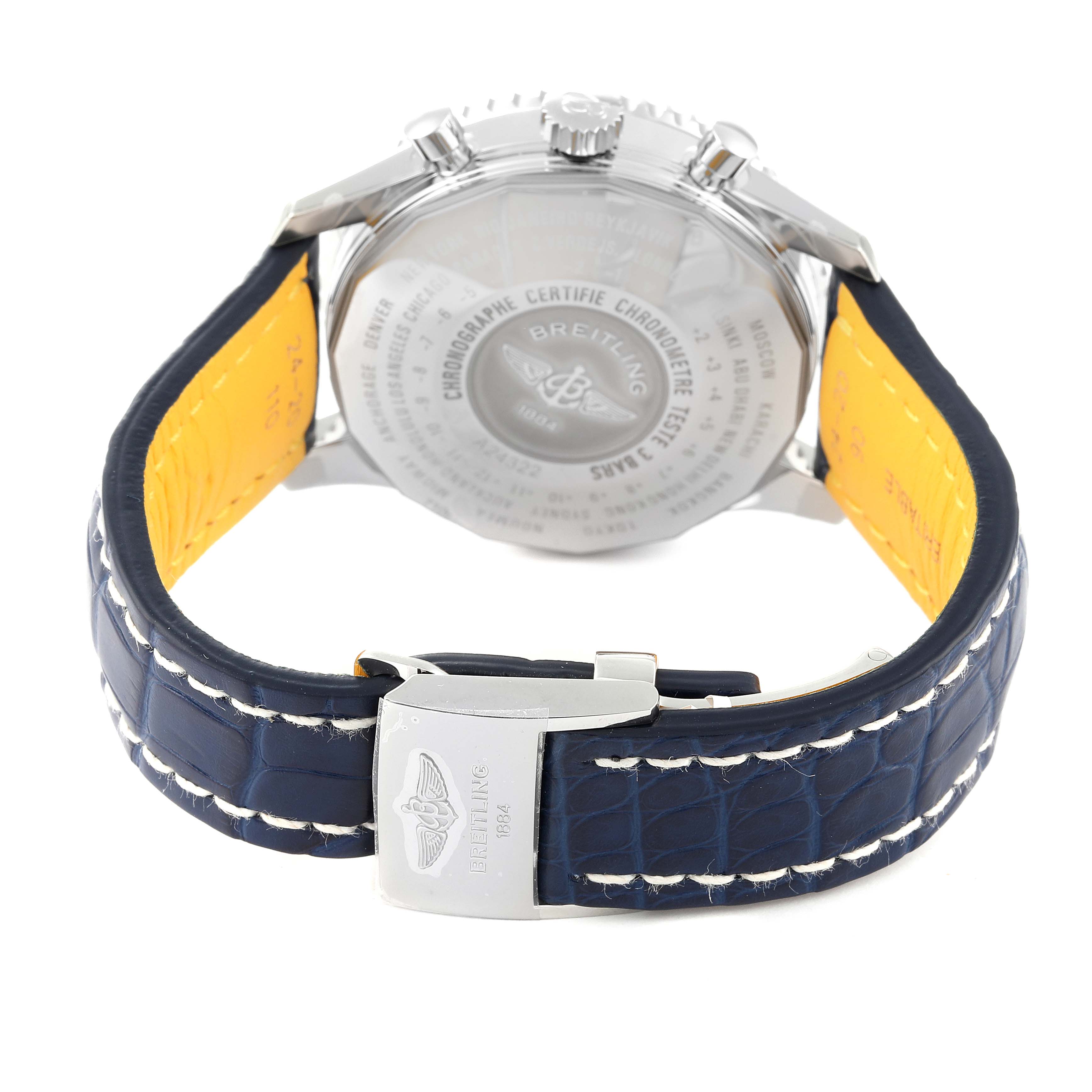 The image shows the back view of a Breitling Navitimer A24322 Men
s Stainless Steel Blue Dial A24322 Men
s Stainless Steel Blue Dial watch with a blue leather strap and clasp detailing.