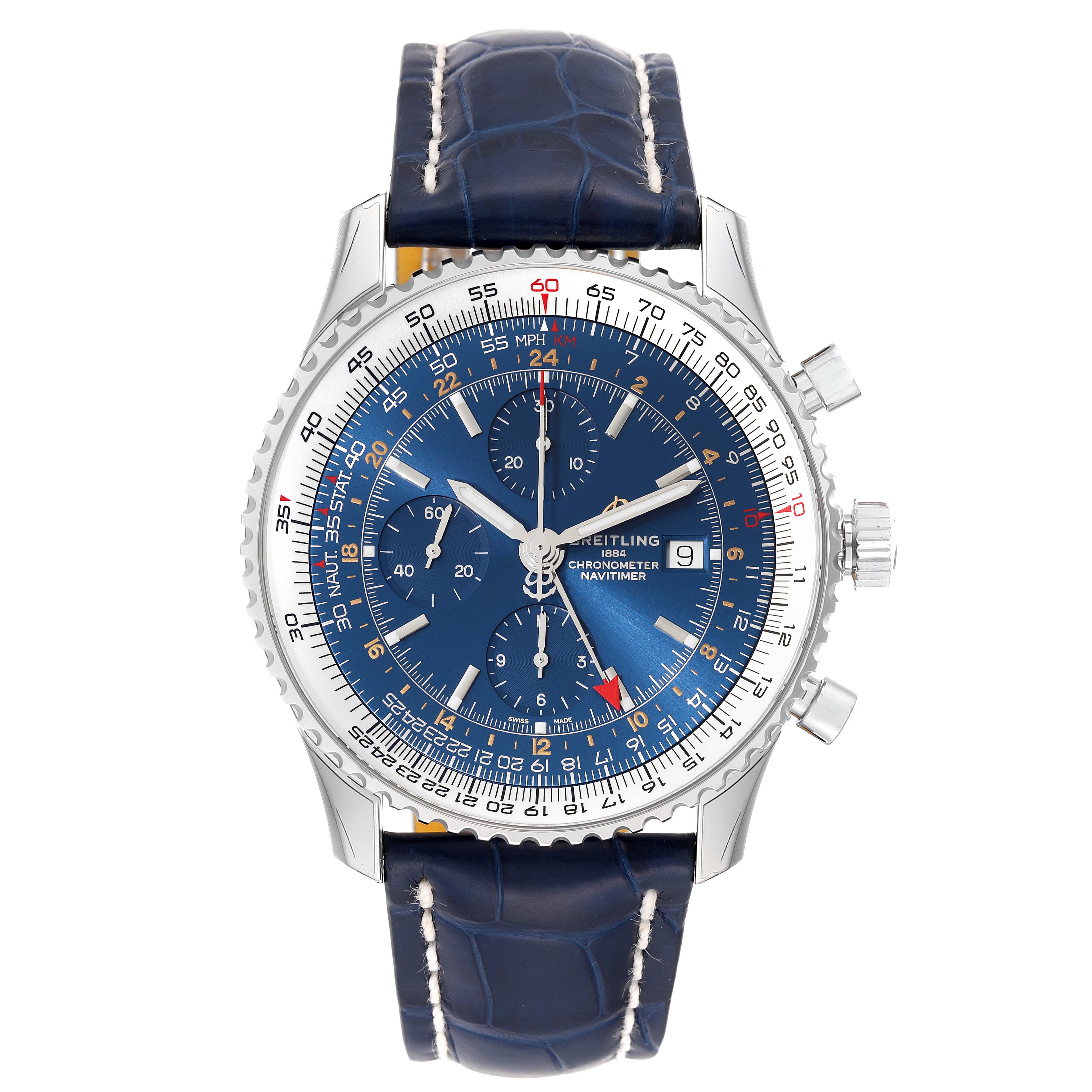 The image shows a front view of a Breitling Navitimer A24322 Men
s Stainless Steel Blue Dial A24322 Men
s Stainless Steel Blue Dial watch with a blue dial and a blue leather strap.