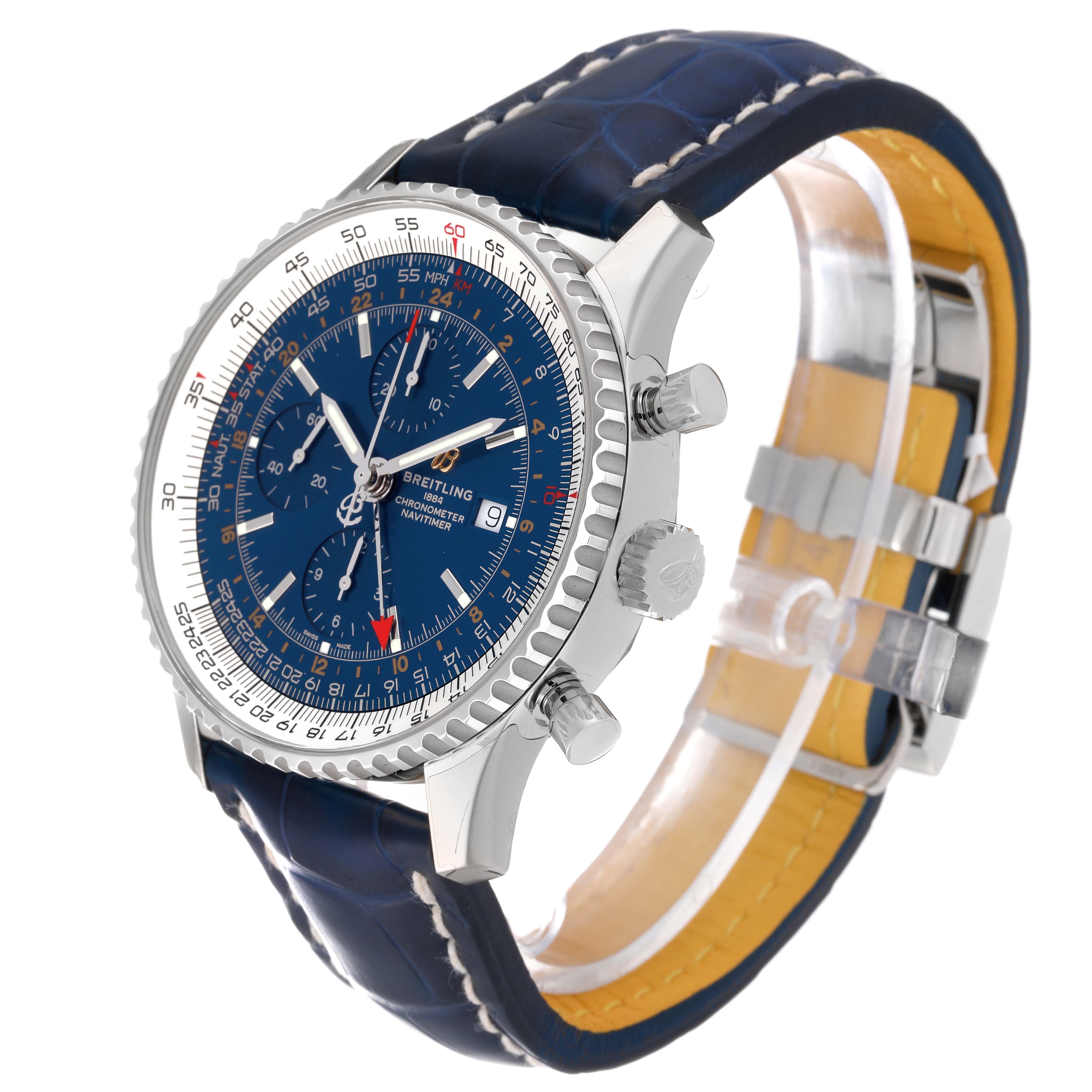 The image shows a right-side view of a Breitling Navitimer A24322 Men
s Stainless Steel Blue Dial A24322 Men
s Stainless Steel Blue Dial watch, featuring its blue dial, bezel, and leather strap.