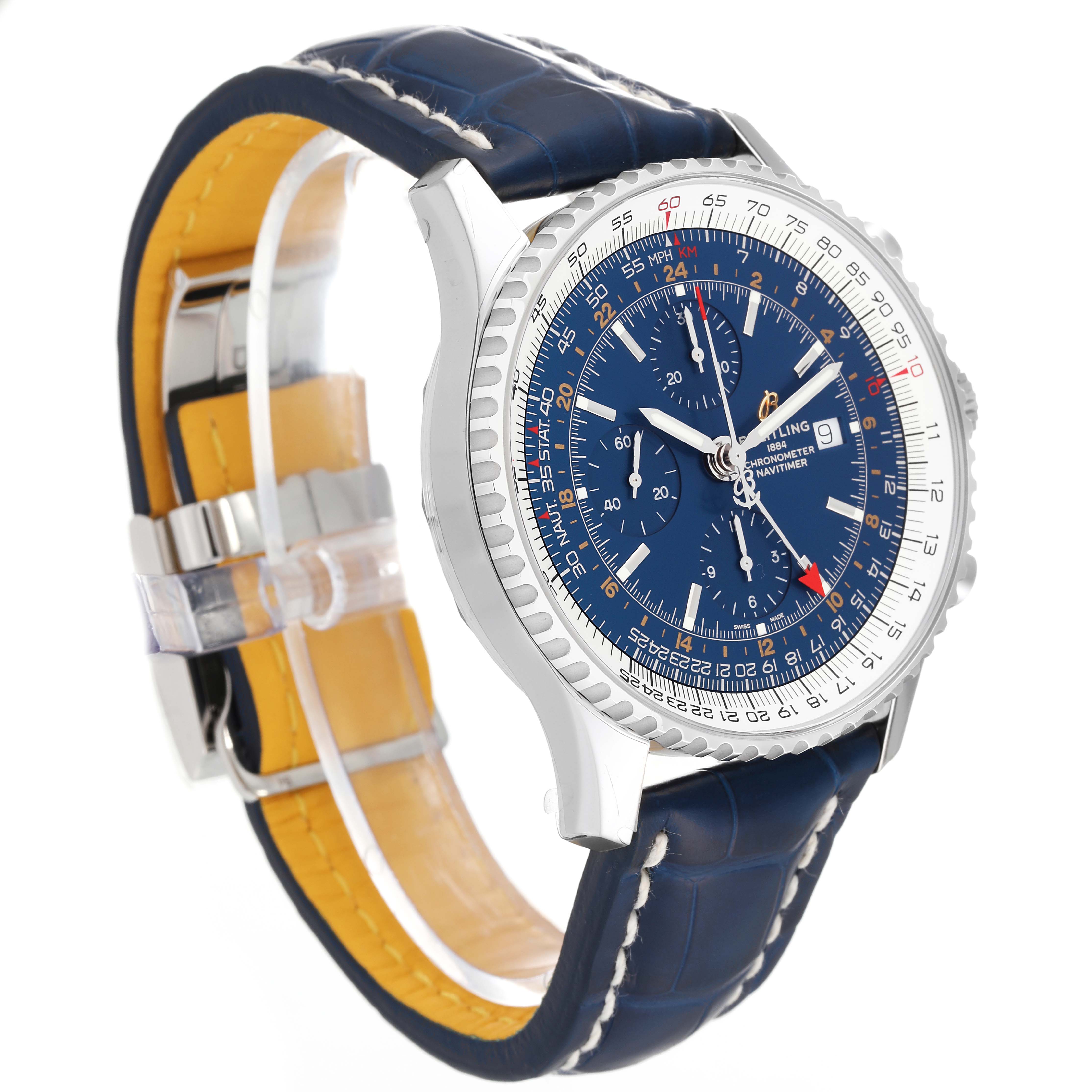 This image shows a Breitling Navitimer A24322 Men
s Stainless Steel Blue Dial A24322 Men
s Stainless Steel Blue Dial watch at a three-quarter angle, highlighting the face and strap.