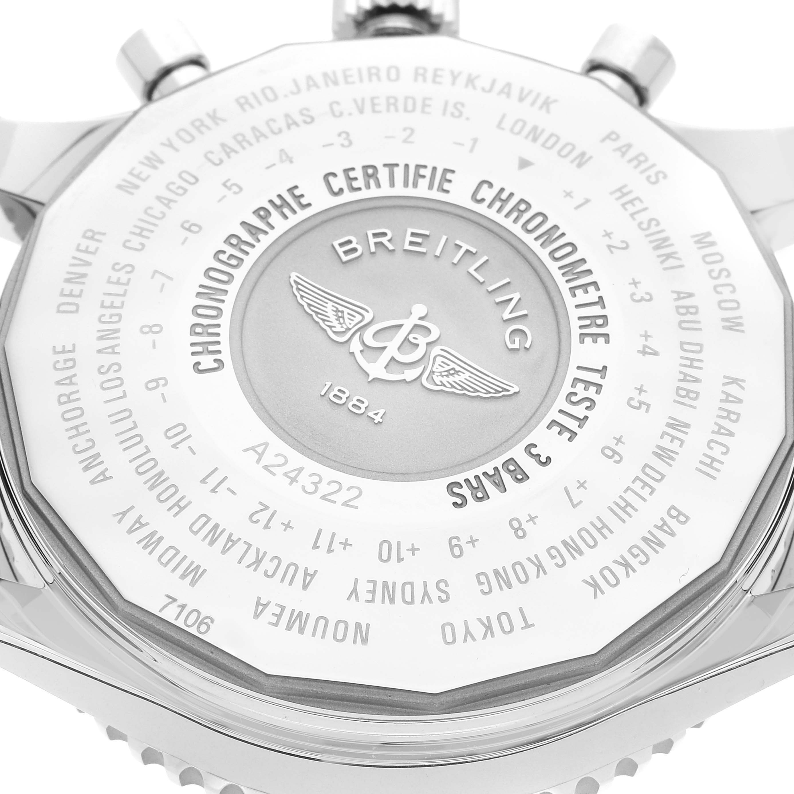 This image shows the back case of the Breitling Navitimer A24322 Men
s Stainless Steel Blue Dial A24322 Men
s Stainless Steel Blue Dial watch, featuring detailing and text engravings.