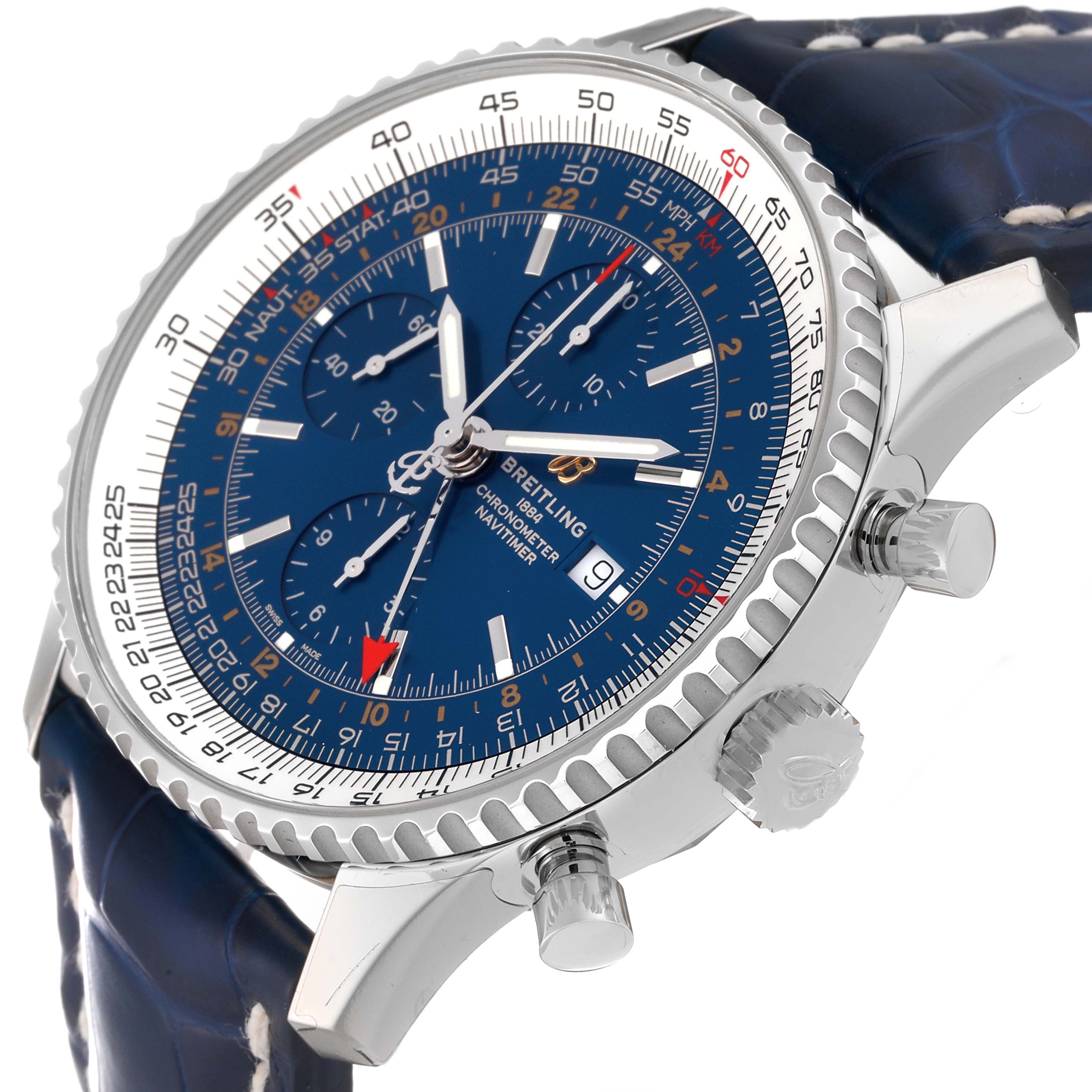 The Breitling Navitimer A24322 Men
s Stainless Steel Blue Dial A24322 Men
s Stainless Steel Blue Dial watch is shown at an angle highlighting the face, bezel, crown, pushers, and part of the strap.