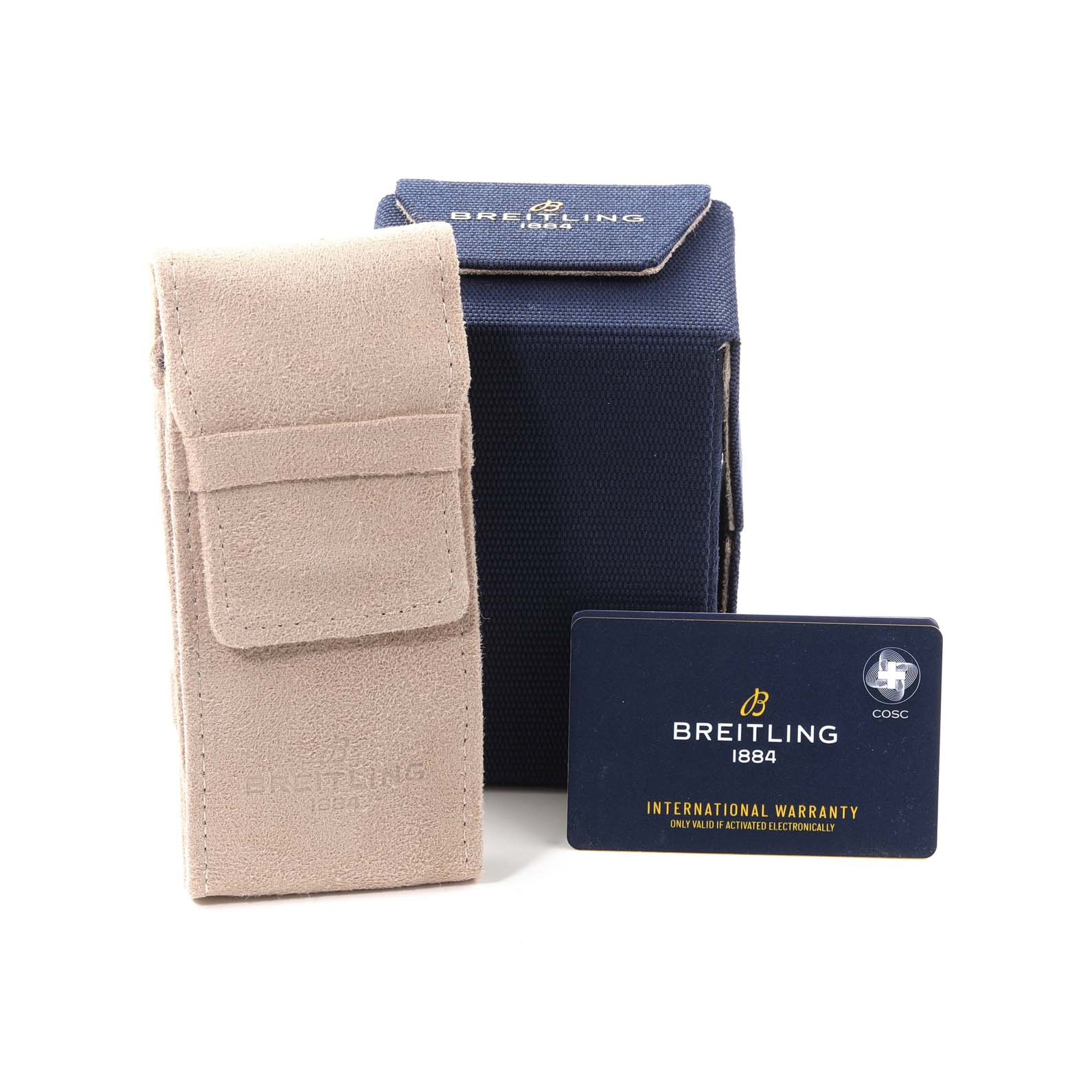 The image shows the packaging and warranty card for a Breitling Navitimer A24322 Men
s Stainless Steel Blue Dial A24322 Men
s Stainless Steel Blue Dial watch.