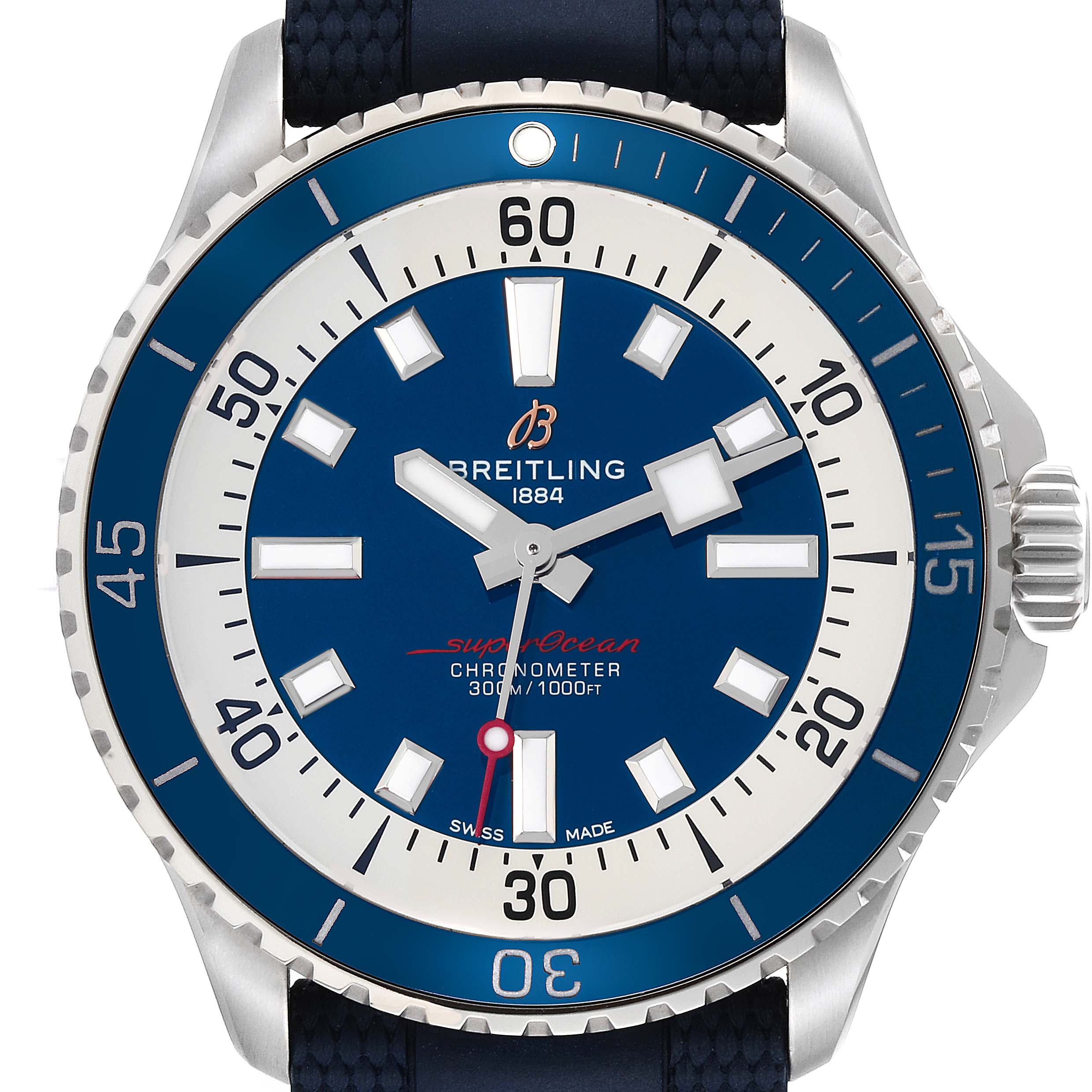 The image shows the face and bezel of a Breitling Superocean A17375 Men's Stainless Steel Blue Dial A17375 Men's Stainless Steel Blue Dial watch from a front-facing angle.
