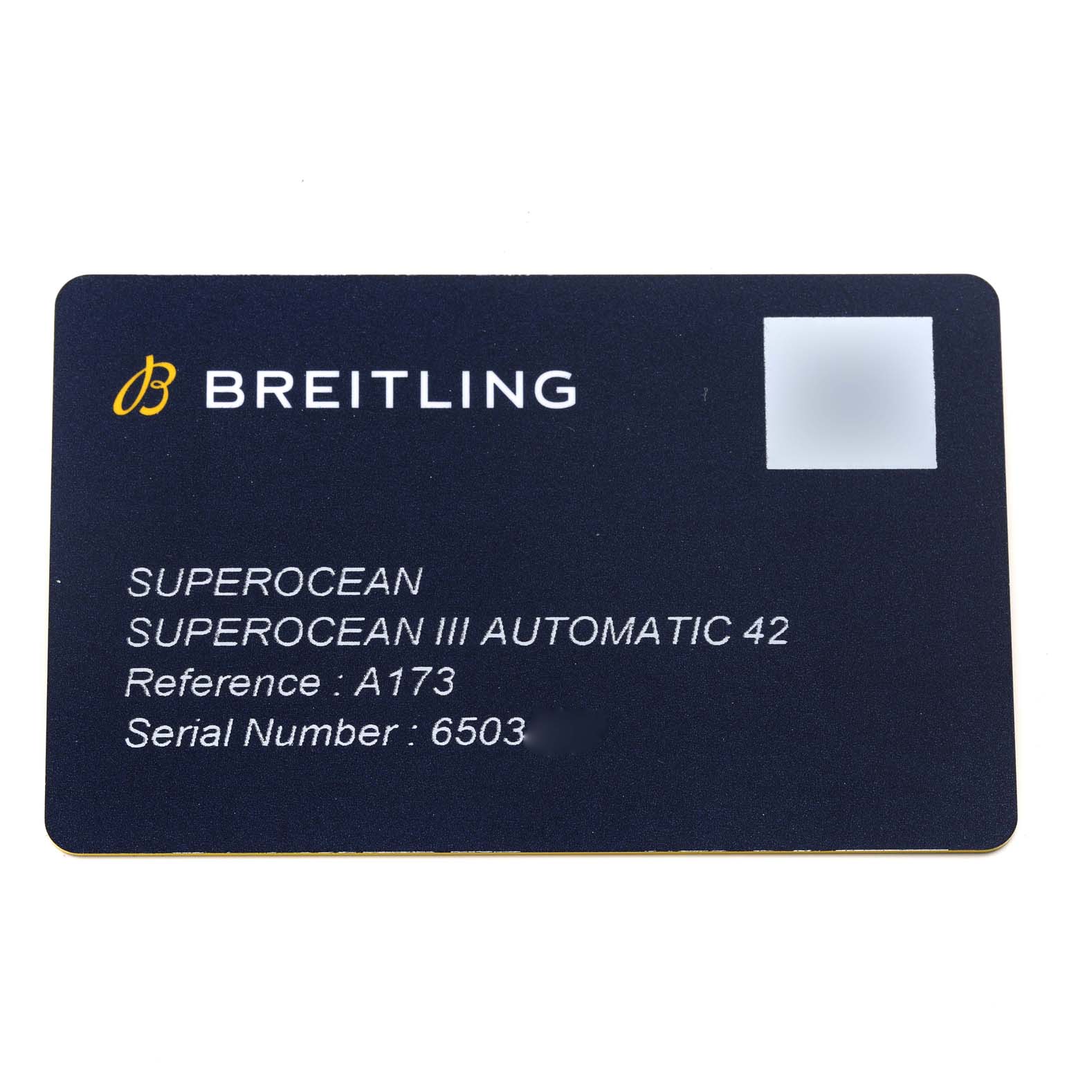 The image shows a warranty card for a Breitling Superocean A17375 Men's Stainless Steel Blue Dial A17375 Men's Stainless Steel Blue Dial III Automatic 42 with reference A173 and serial number 6503.