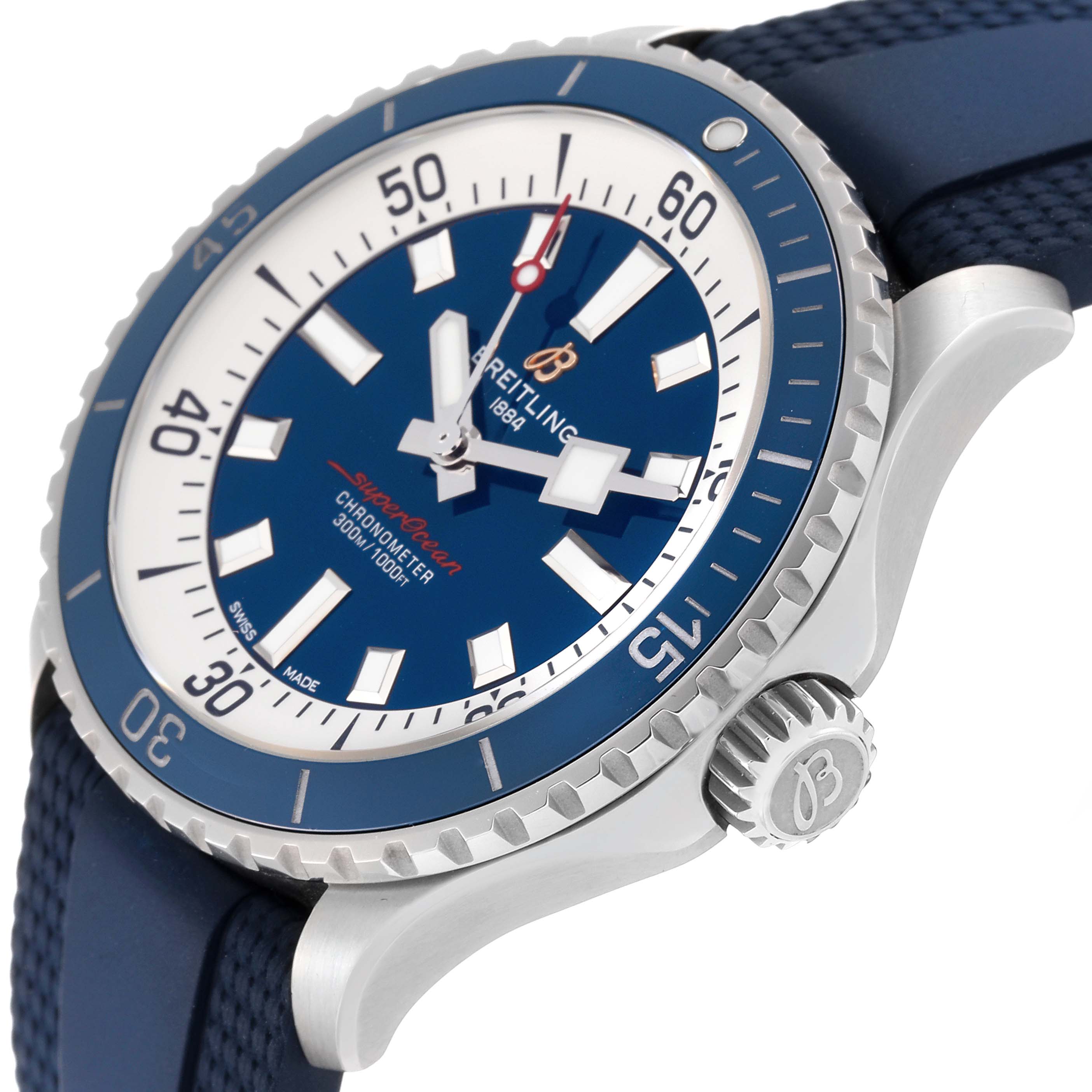 This image shows a side angle of the Breitling Superocean A17375 Men's Stainless Steel Blue Dial A17375 Men's Stainless Steel Blue Dial watch, highlighting the bezel, crown, and part of the strap.