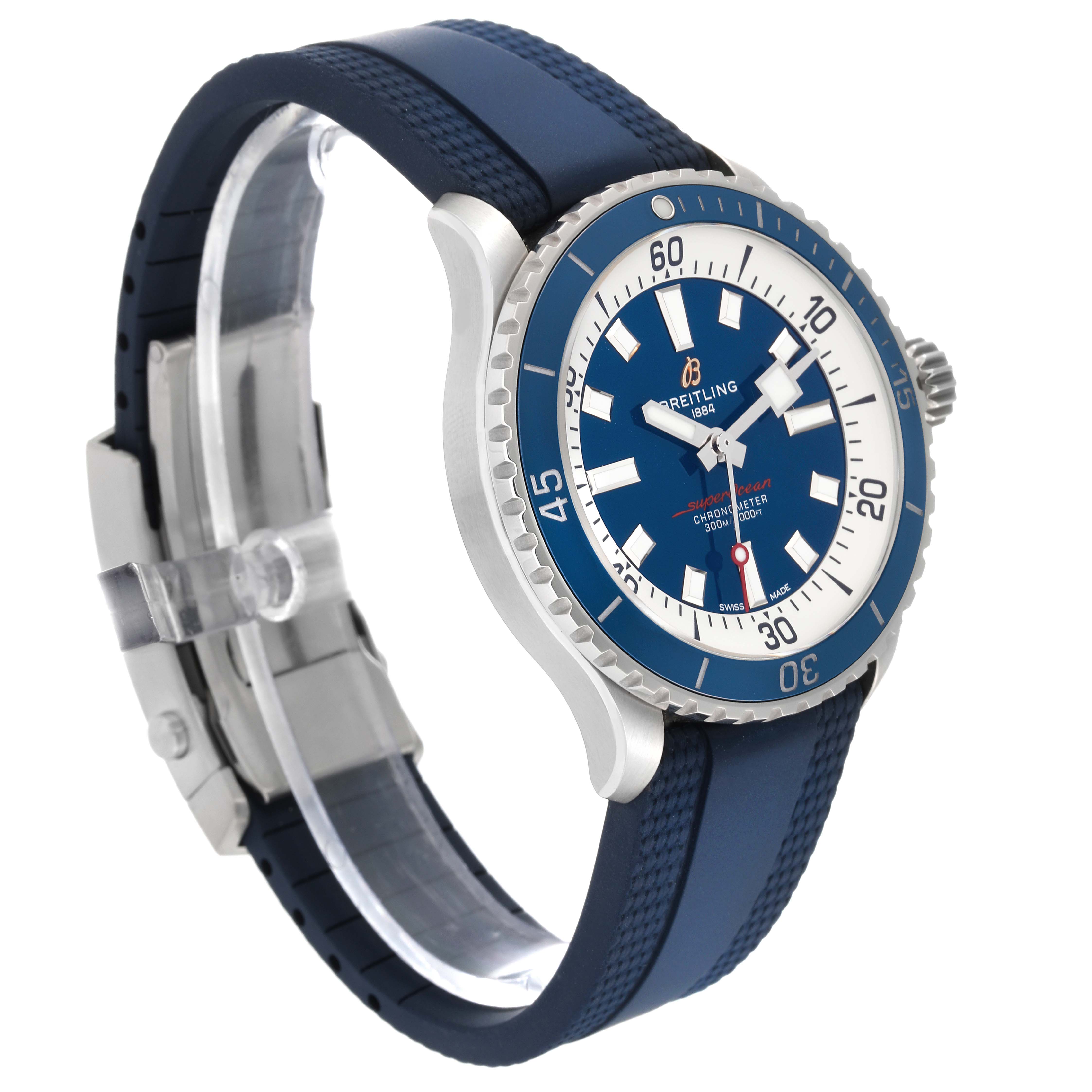 This Breitling Superocean A17375 Men's Stainless Steel Blue Dial A17375 Men's Stainless Steel Blue Dial watch is shown from a side angle, highlighting its blue dial, bezel, case, and strap.