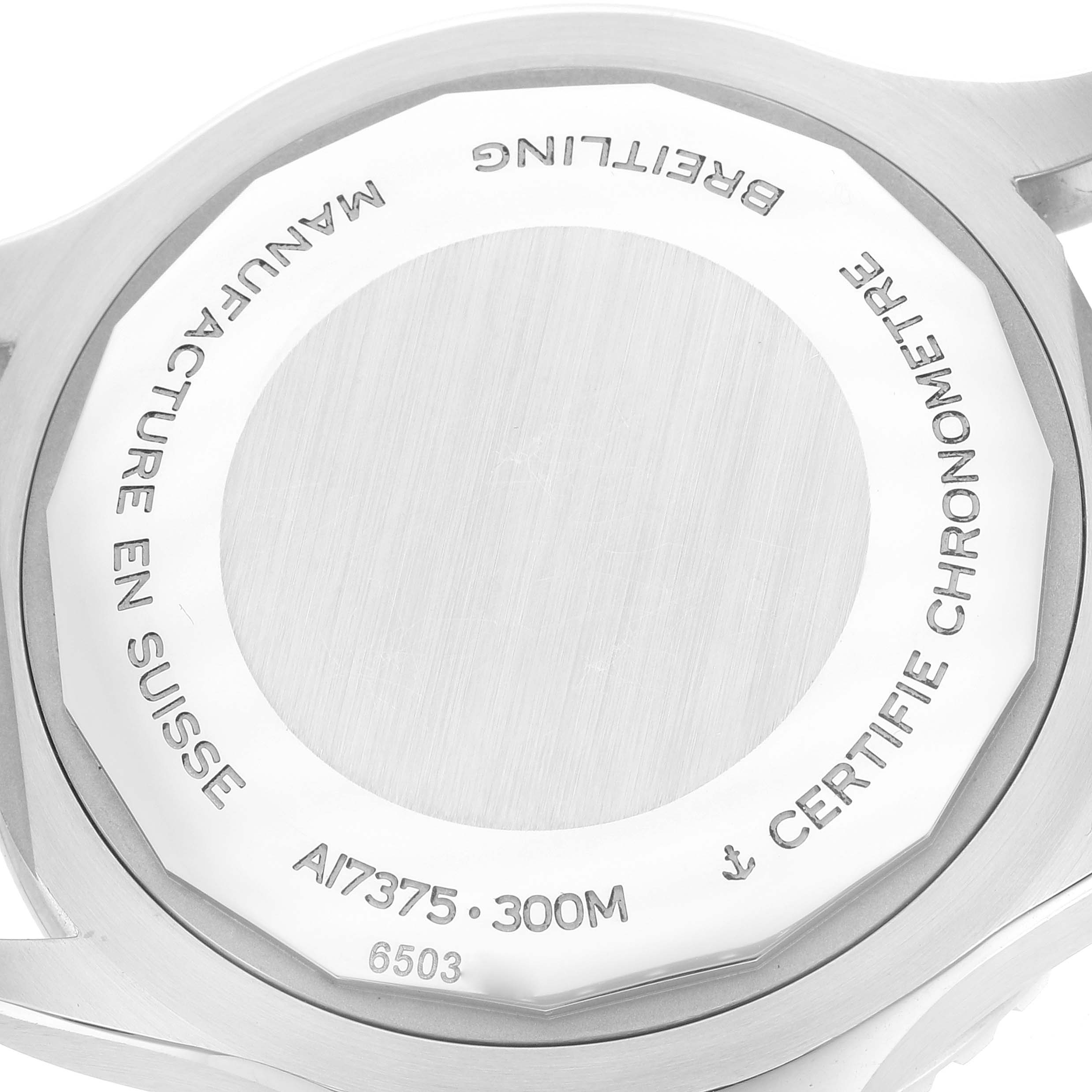 The image shows the case back of the Breitling Superocean A17375 Men's Stainless Steel Blue Dial A17375 Men's Stainless Steel Blue Dial watch from a top-down angle.