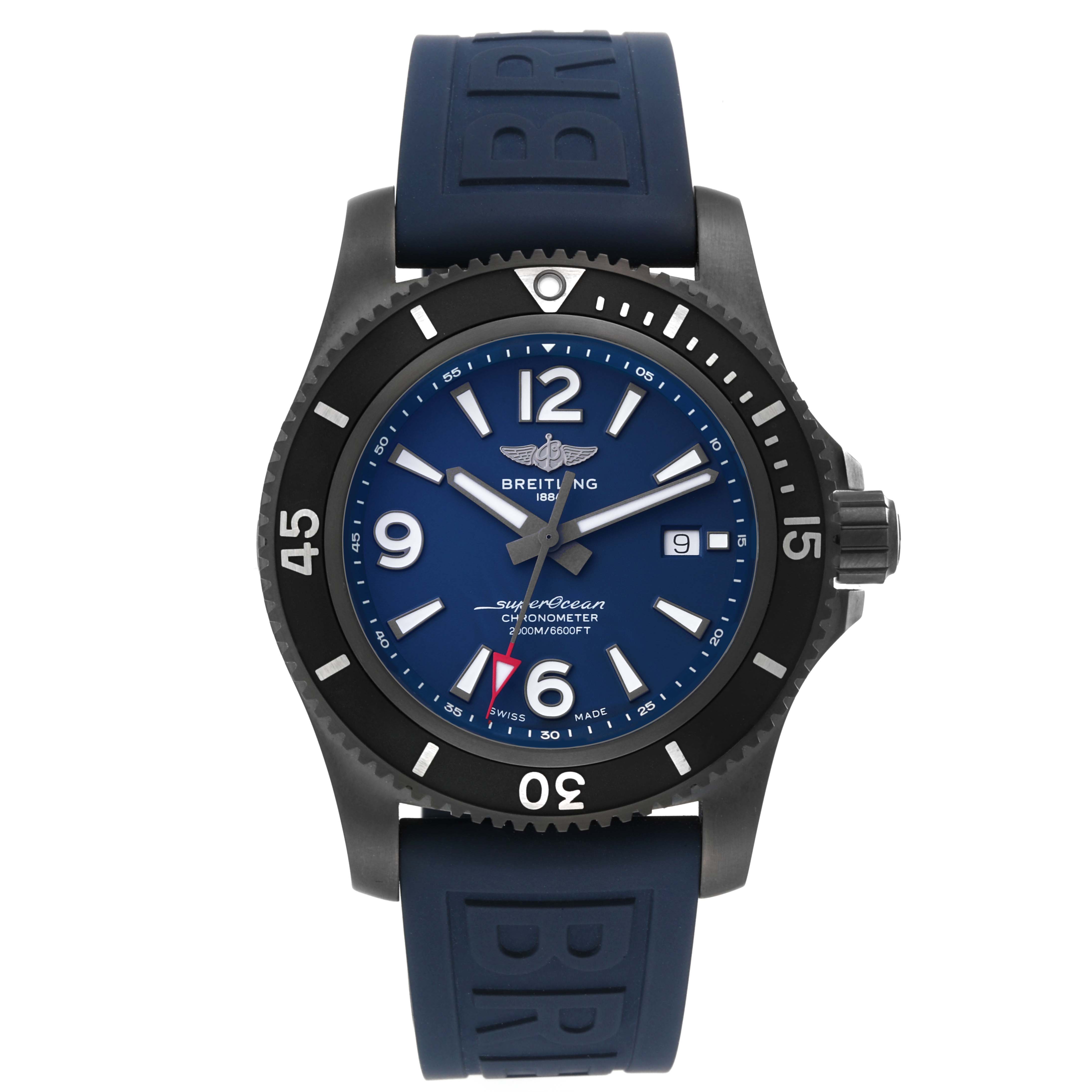 The Breitling Superocean M17368 Men's Stainless Steel Blue Dial M17368 Men's Stainless Steel Blue Dial watch is shown from a front angle, highlighting its dial, bezel, and rubber strap.