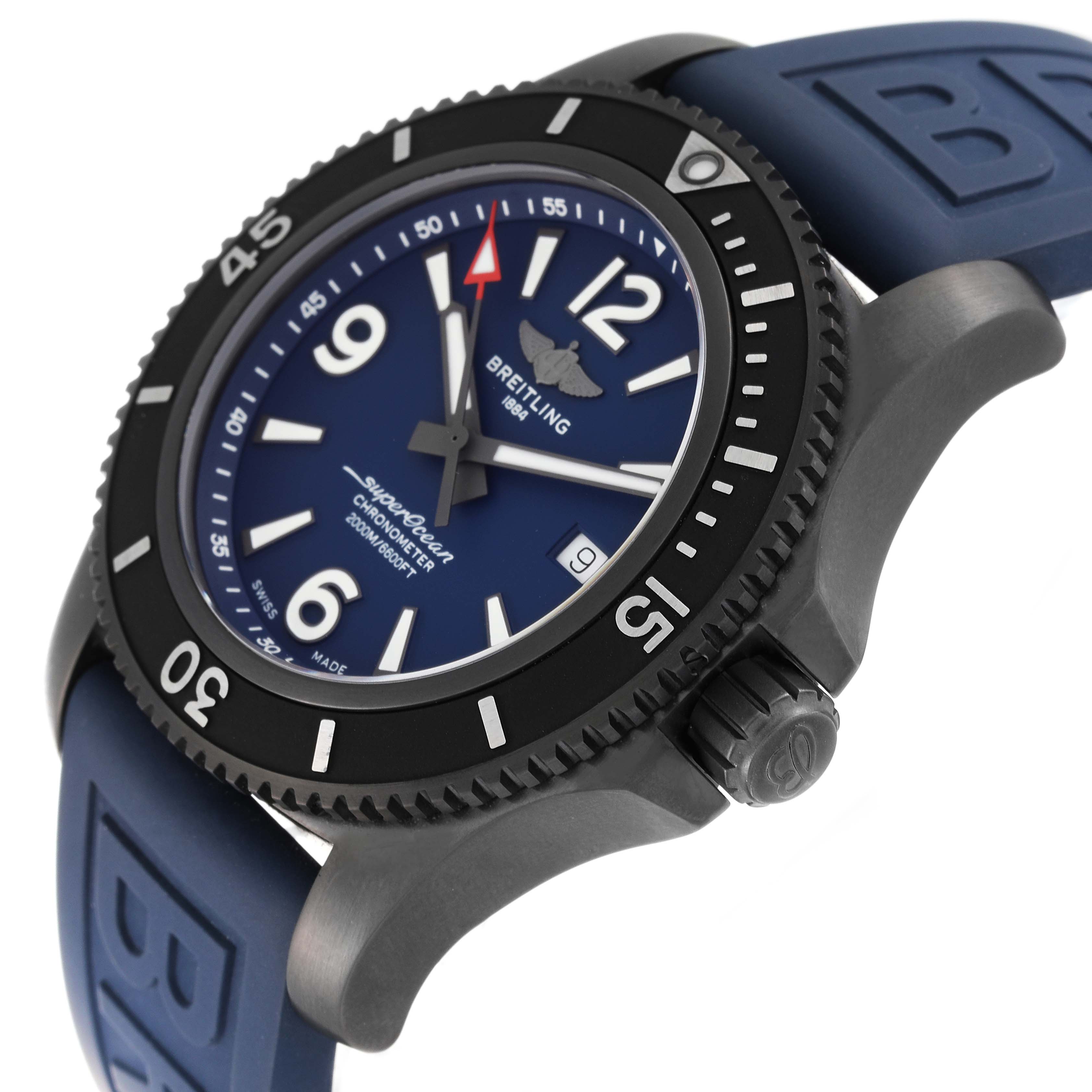 The Breitling Superocean M17368 Men's Stainless Steel Blue Dial M17368 Men's Stainless Steel Blue Dial watch is shown at a tilted angle, highlighting its blue dial, bezel, case, and strap.