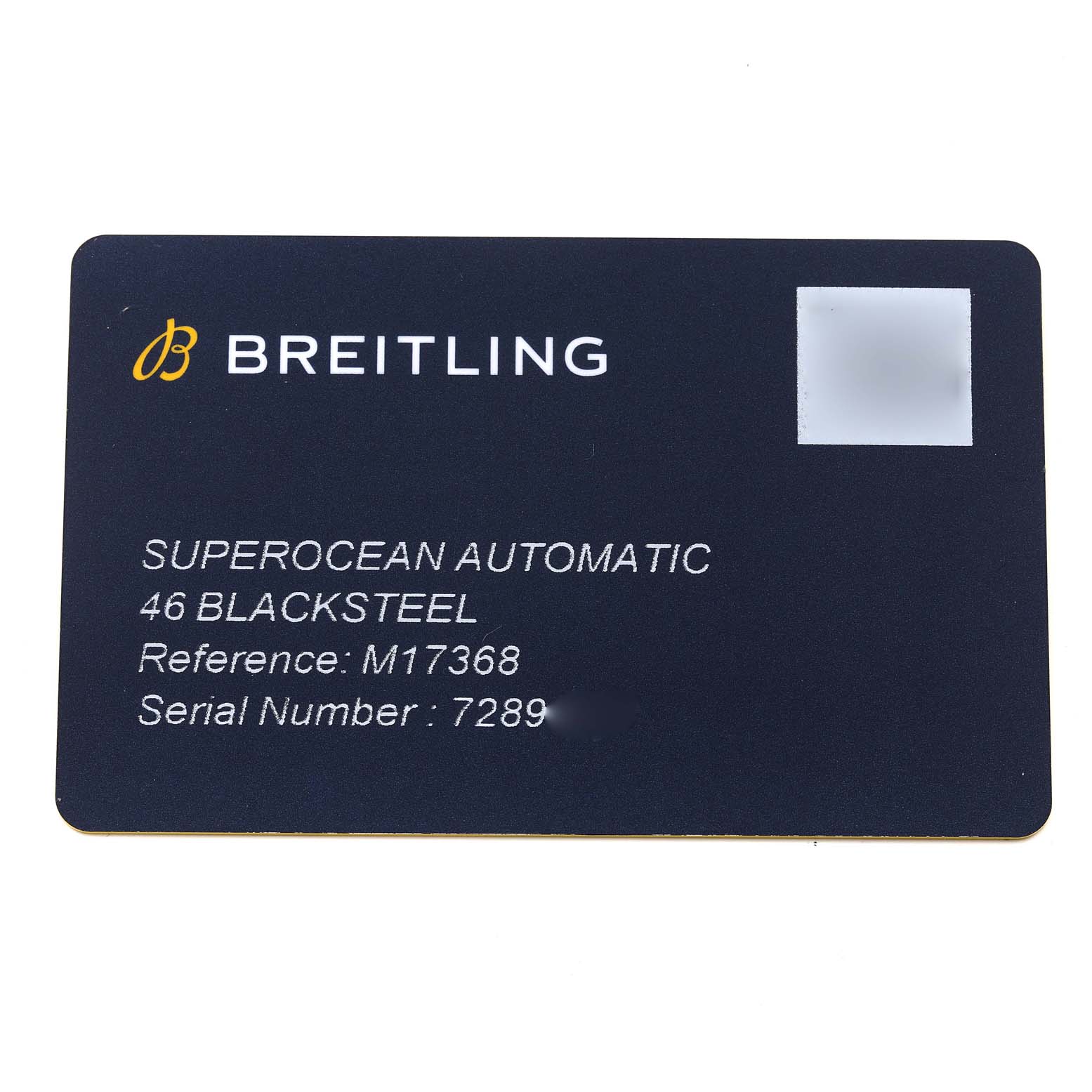 A warranty card for the Breitling Superocean M17368 Men's Stainless Steel Blue Dial M17368 Men's Stainless Steel Blue Dial Automatic 46 Blacksteel model is shown, featuring reference and serial numbers.