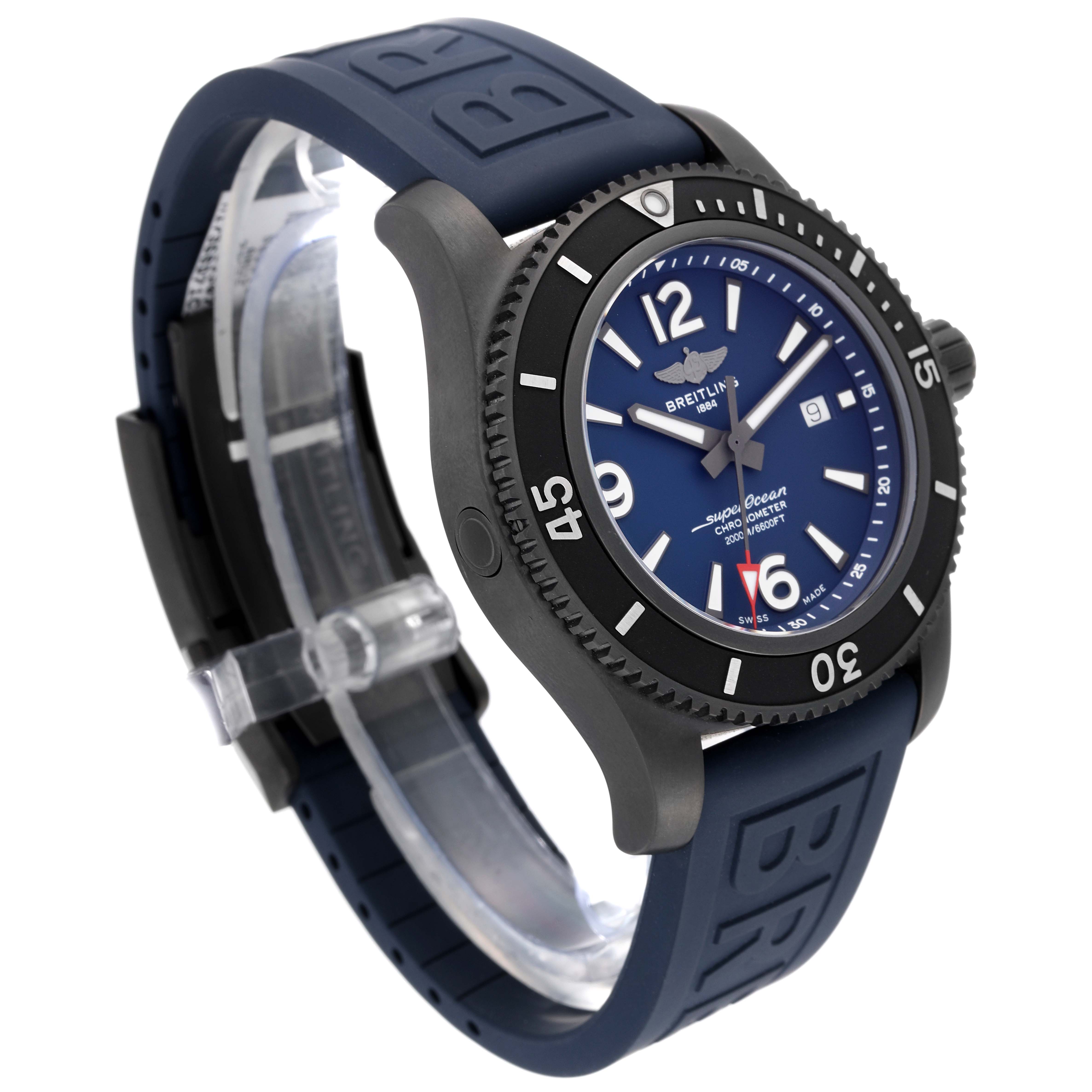 The image shows a side-angle view of the Breitling Superocean M17368 Men's Stainless Steel Blue Dial M17368 Men's Stainless Steel Blue Dial watch, highlighting its blue bezel, dial, and strap.