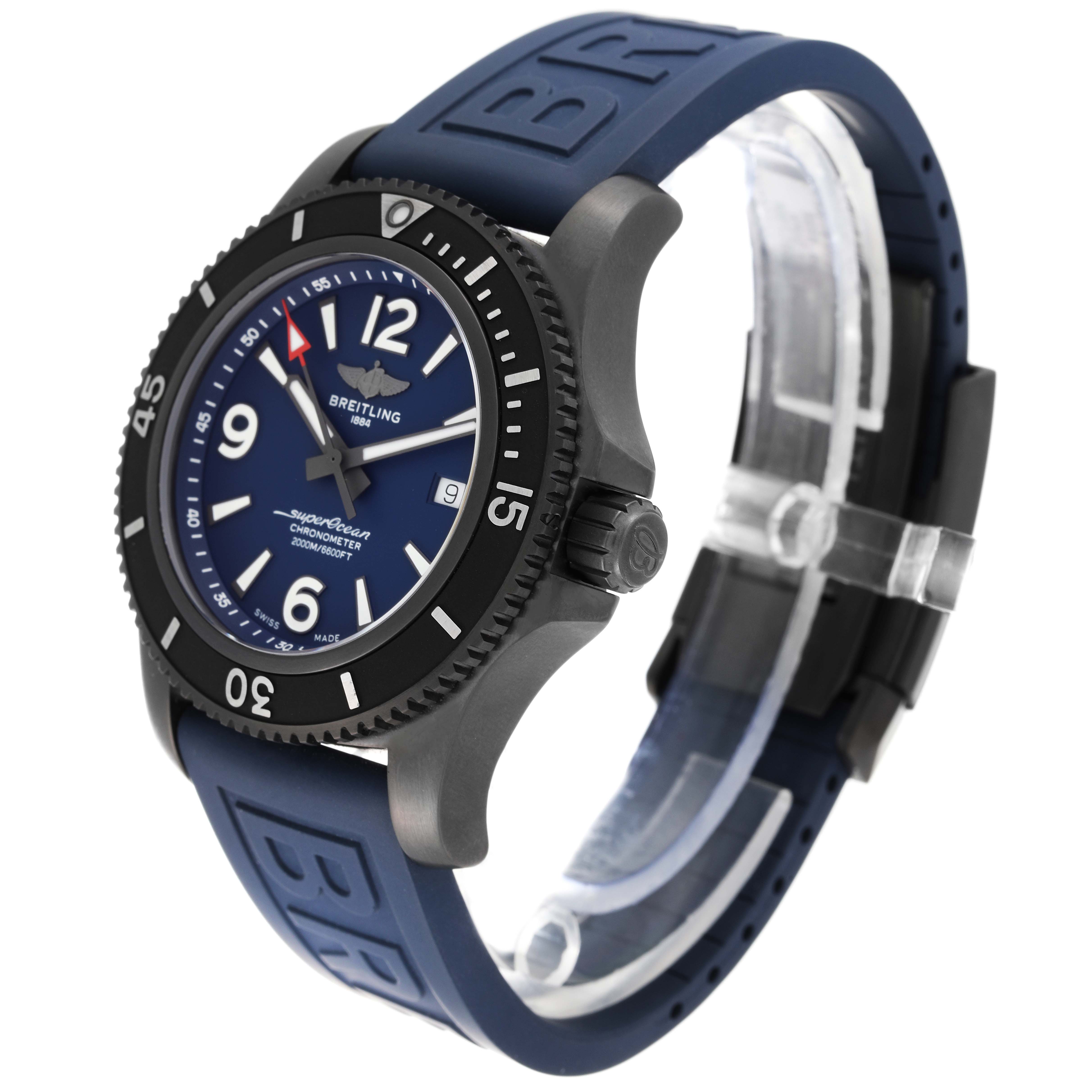 The image shows a Breitling Superocean M17368 Men's Stainless Steel Blue Dial M17368 Men's Stainless Steel Blue Dial watch at a 3/4 angle, highlighting the face, bezel, crown, and a portion of the strap.