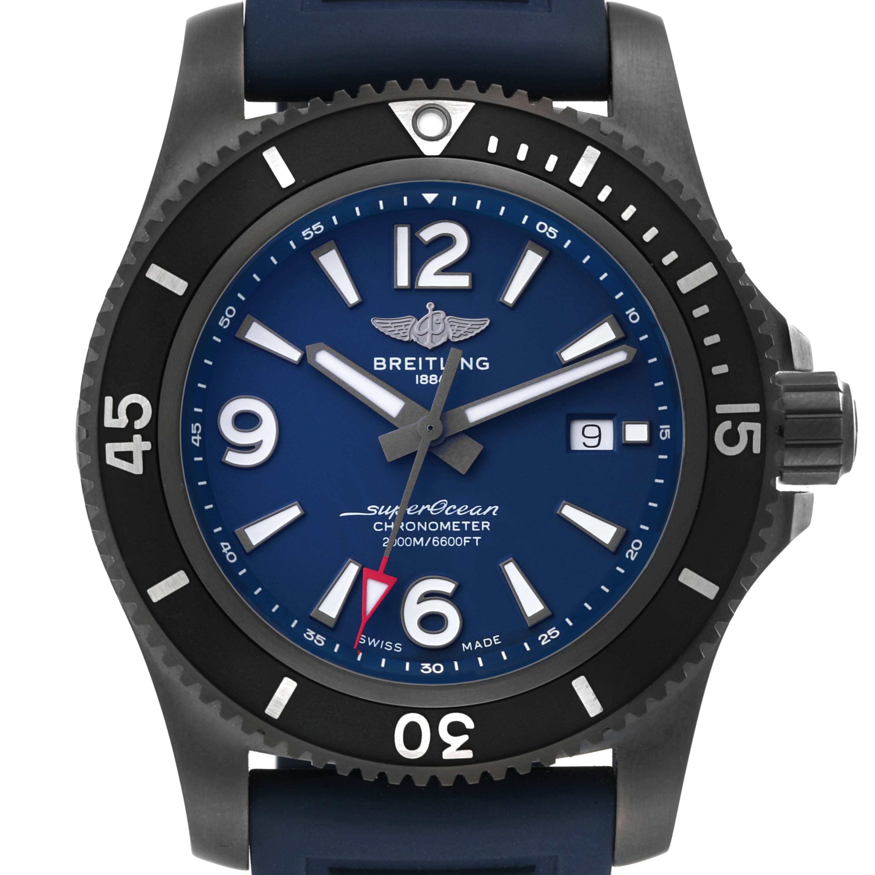 The image shows a Breitling Superocean M17368 Men's Stainless Steel Blue Dial M17368 Men's Stainless Steel Blue Dial watch, highlighting the watch face, bezel, and crown from a front angle.