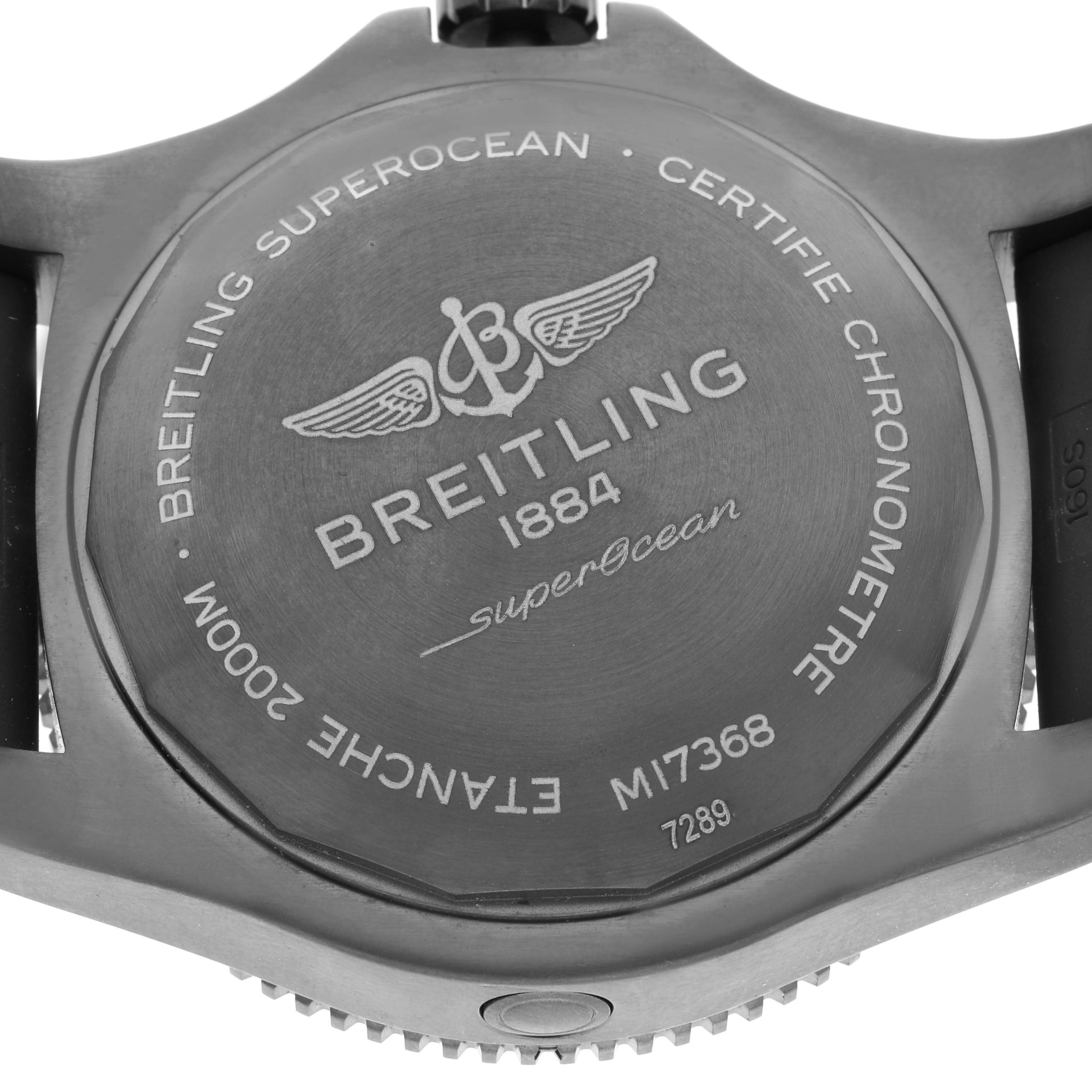 The image shows the case back of a Breitling Superocean M17368 Men's Stainless Steel Blue Dial M17368 Men's Stainless Steel Blue Dial watch with engraved details and branding.