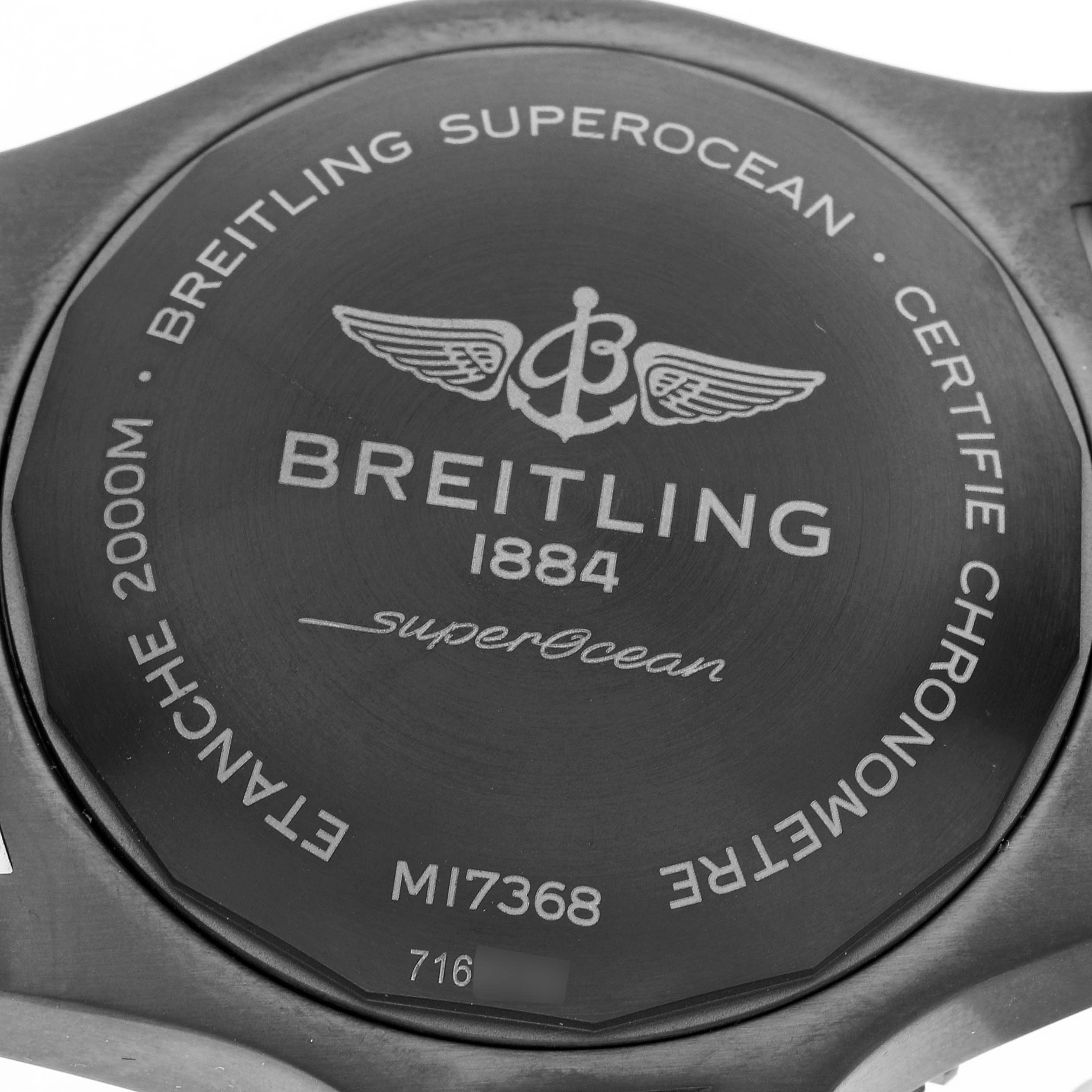 The image shows the back case of a Breitling Superocean M17368 Men's Stainless Steel Yellow Dial M17368 Men's Stainless Steel Yellow Dial watch, highlighting the engraved branding and model details.