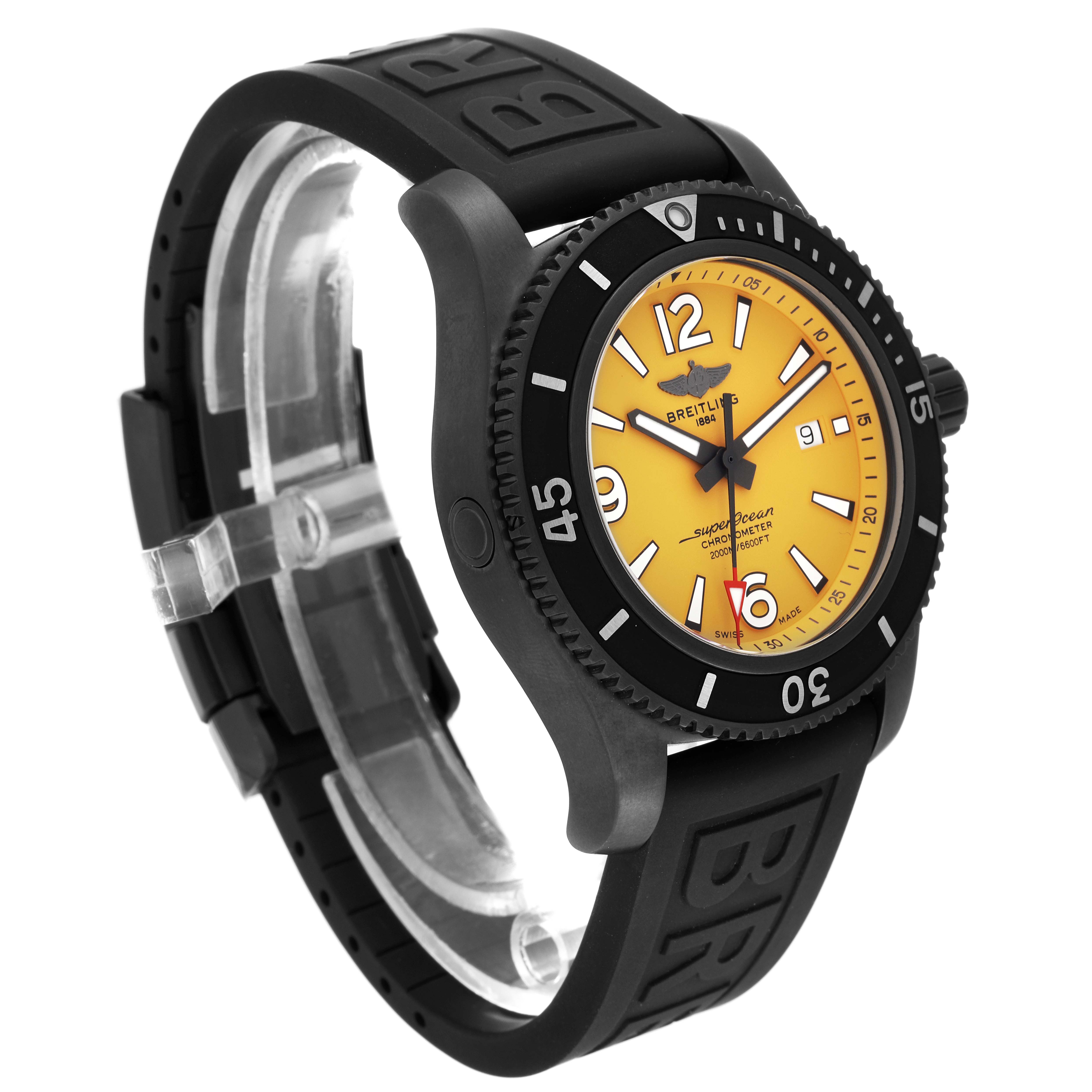 The image shows a side angle of the Breitling Superocean M17368 Men's Stainless Steel Yellow Dial M17368 Men's Stainless Steel Yellow Dial watch with a yellow dial, black bezel, and black rubber strap.