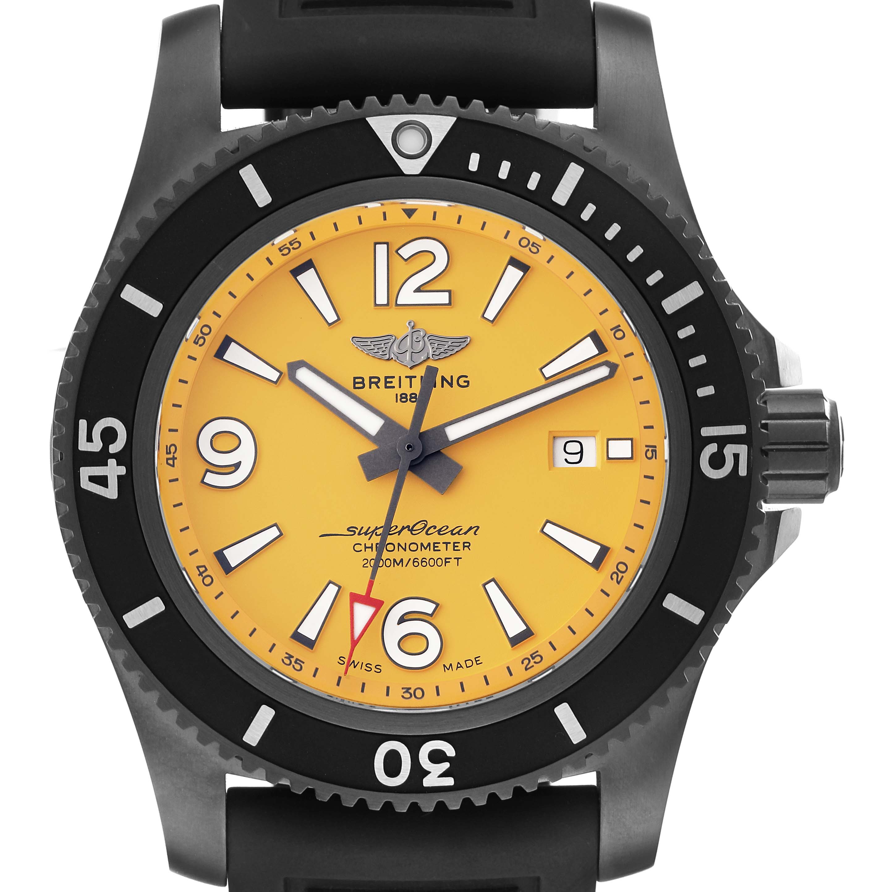 The image shows a front view of a Breitling Superocean M17368 Men's Stainless Steel Yellow Dial M17368 Men's Stainless Steel Yellow Dial watch with a yellow dial, black bezel, and black rubber strap.