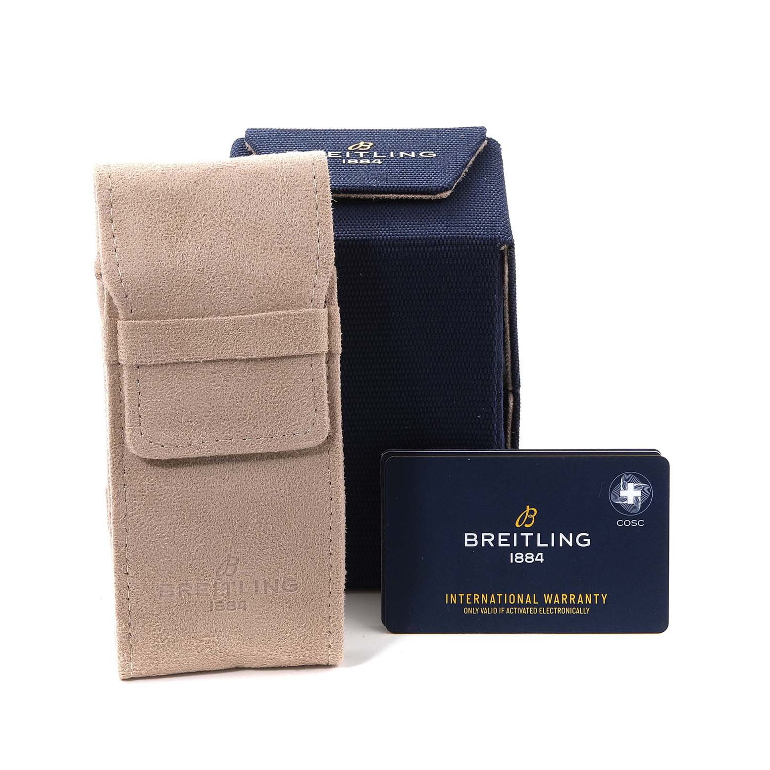 The image shows the packaging materials for a Breitling Superocean M17368 Men's Stainless Steel Yellow Dial M17368 Men's Stainless Steel Yellow Dial watch, including a box, pouch, and international warranty card.