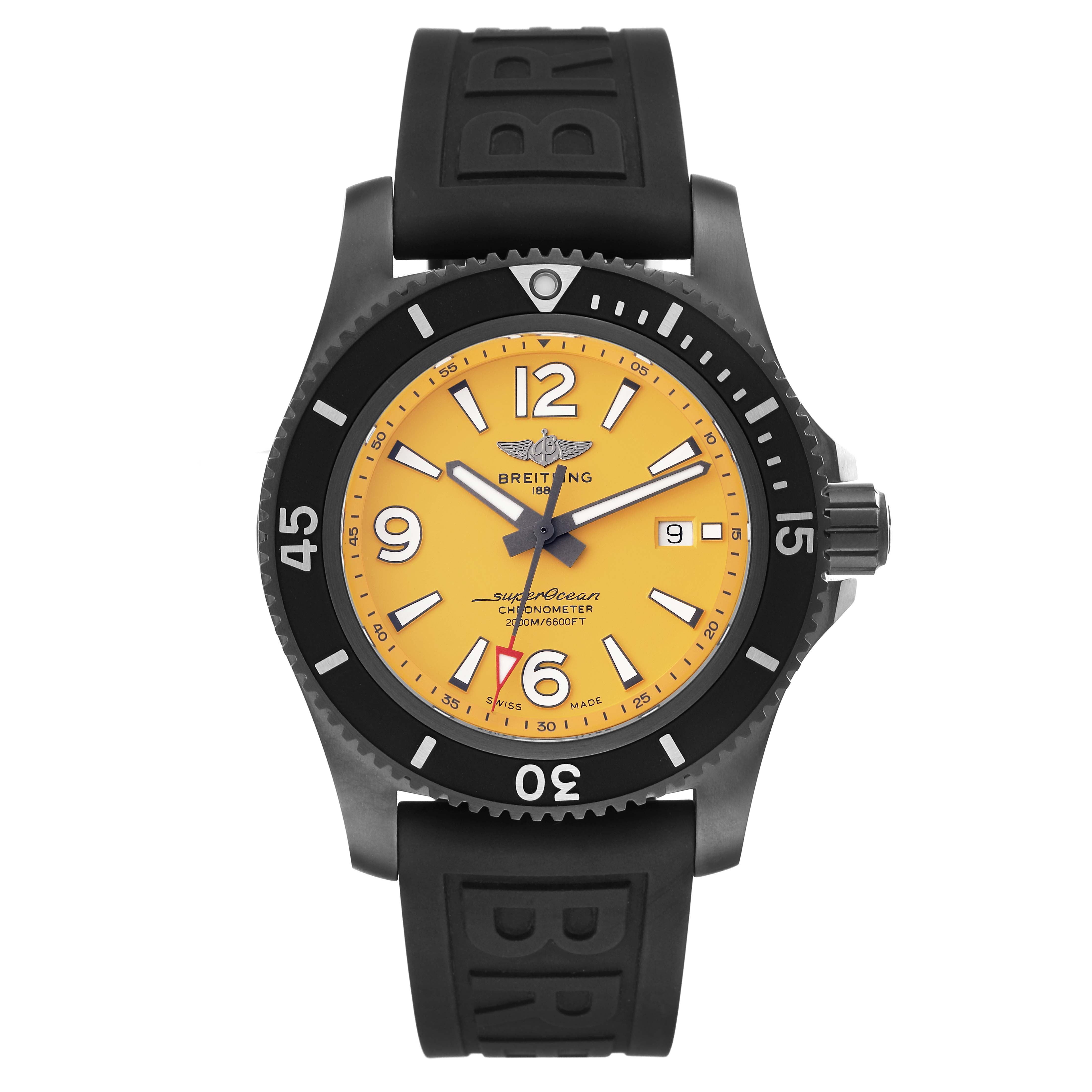 The Breitling Superocean M17368 Men's Stainless Steel Yellow Dial M17368 Men's Stainless Steel Yellow Dial watch is shown from a front angle, highlighting its yellow dial, black bezel, and rubber strap.