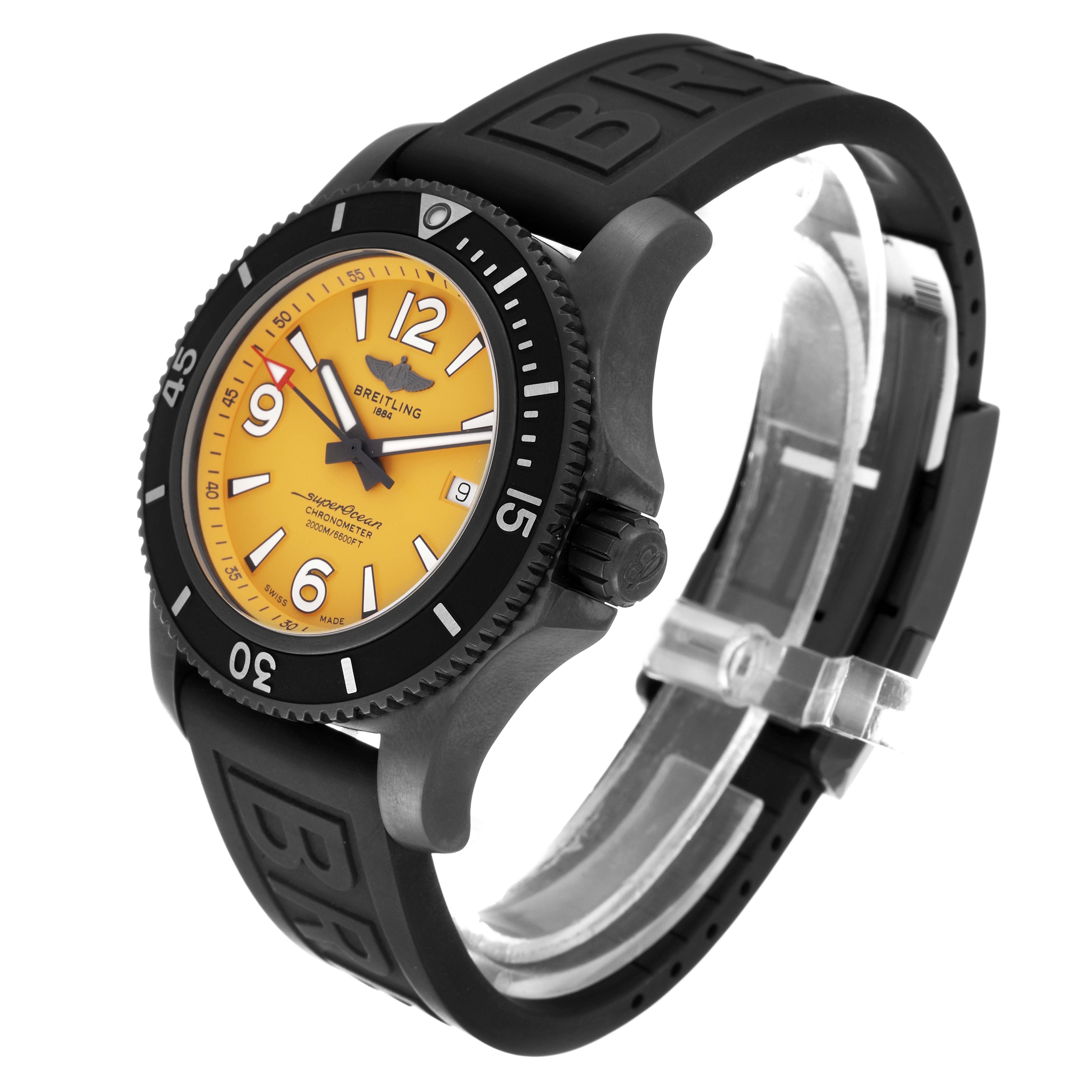 The Breitling Superocean M17368 Men's Stainless Steel Yellow Dial M17368 Men's Stainless Steel Yellow Dial watch is shown at a three-quarter angle, displaying its face, bezel, and rubber strap.