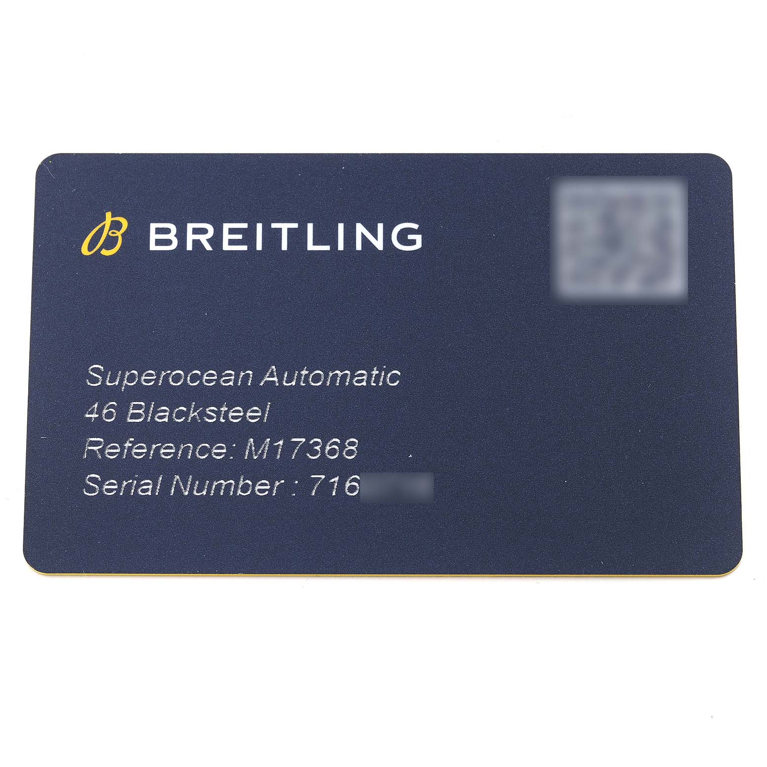 The image shows a warranty card for the Breitling Superocean M17368 Men's Stainless Steel Yellow Dial M17368 Men's Stainless Steel Yellow Dial Automatic 46 Blacksteel watch, including model and reference numbers.