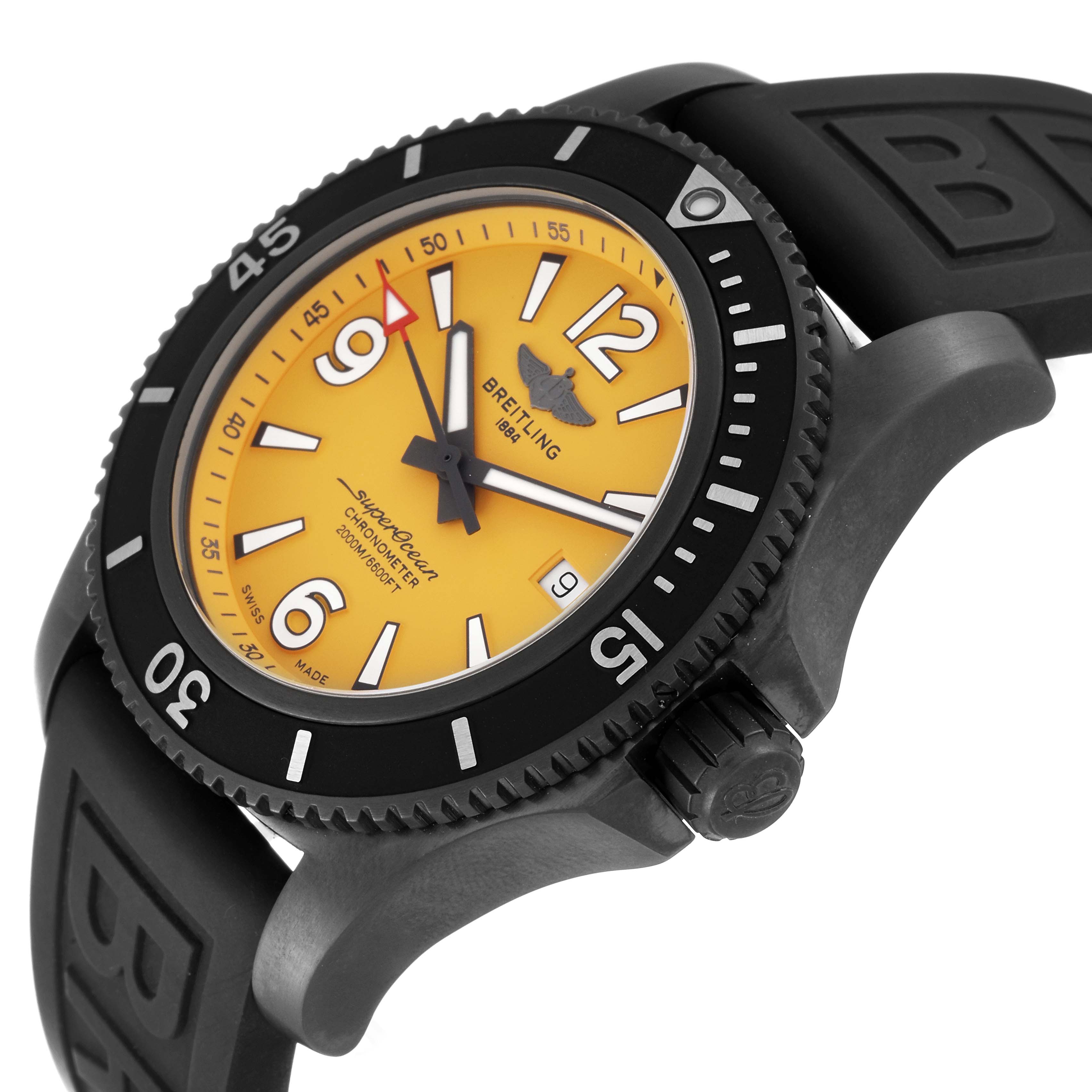 An angled shot of the Breitling Superocean M17368 Men's Stainless Steel Yellow Dial M17368 Men's Stainless Steel Yellow Dial watch displays its yellow dial, black bezel, and a portion of the black strap.
