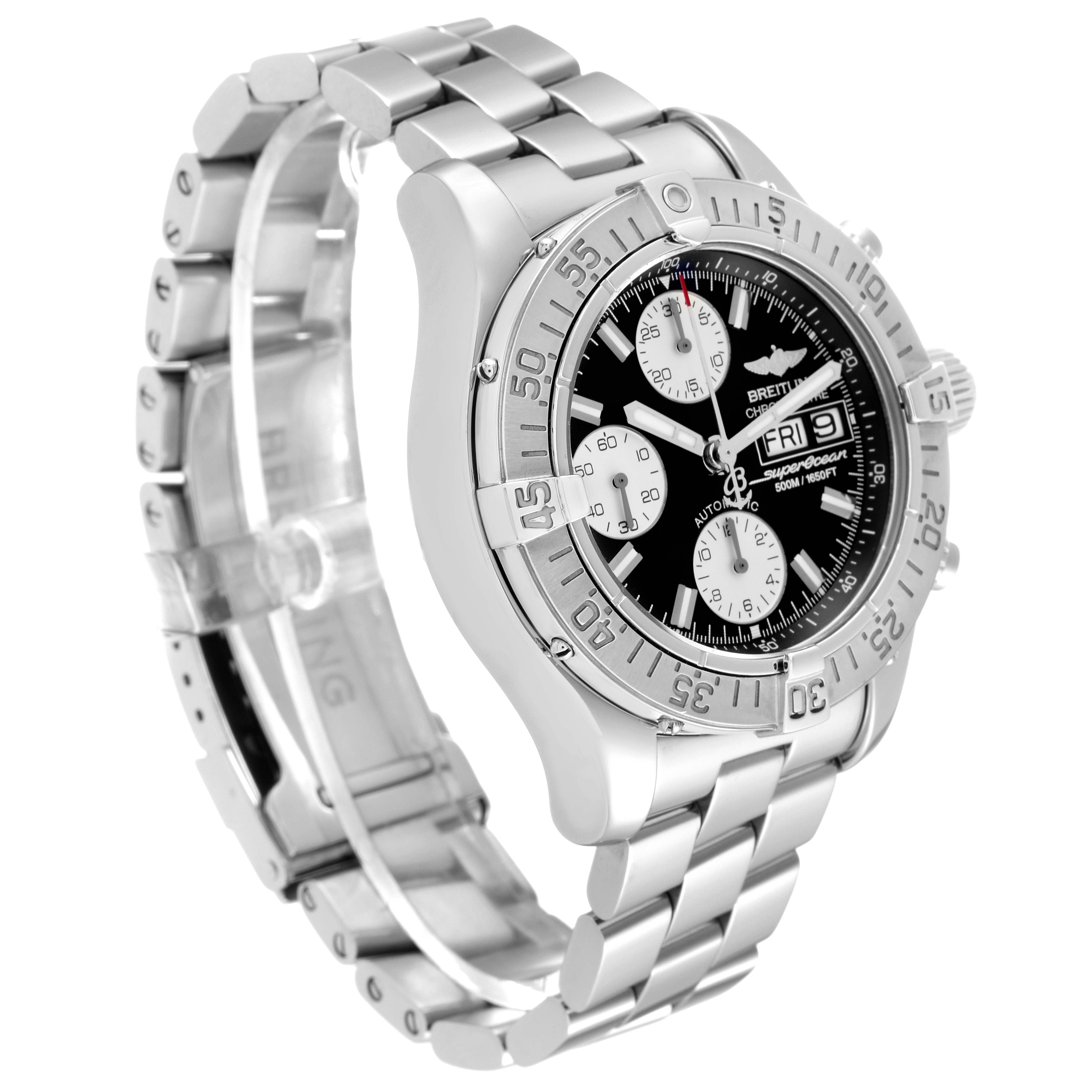 The Breitling Superocean A13340 Men's Stainless Steel Black Dial A13340 Men's Stainless Steel Black Dial watch is shown at a three-quarter angle, showcasing the front face, bezel, and stainless steel bracelet.