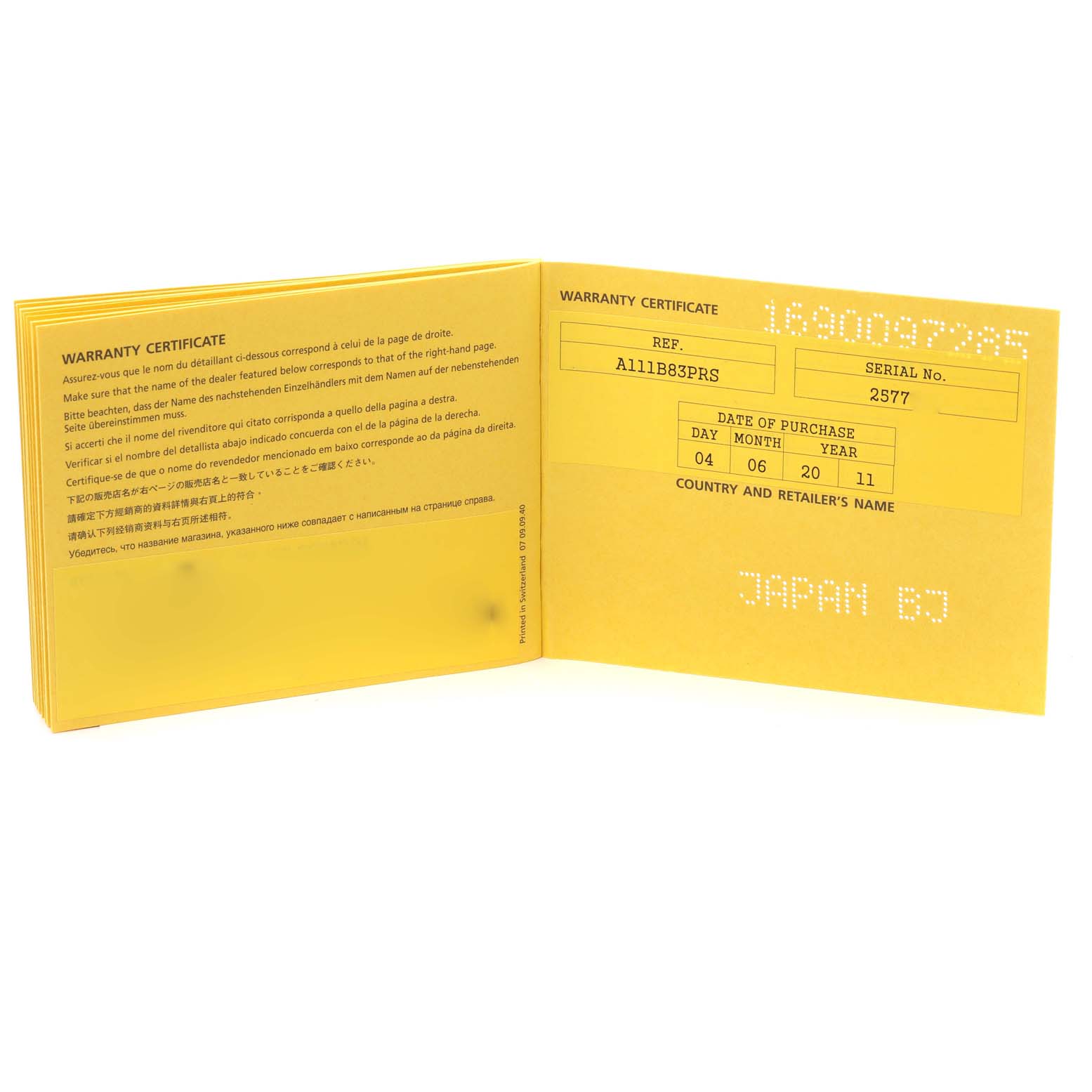 The image shows an open warranty certificate for the Breitling Superocean A13340 Men's Stainless Steel Black Dial A13340 Men's Stainless Steel Black Dial model.