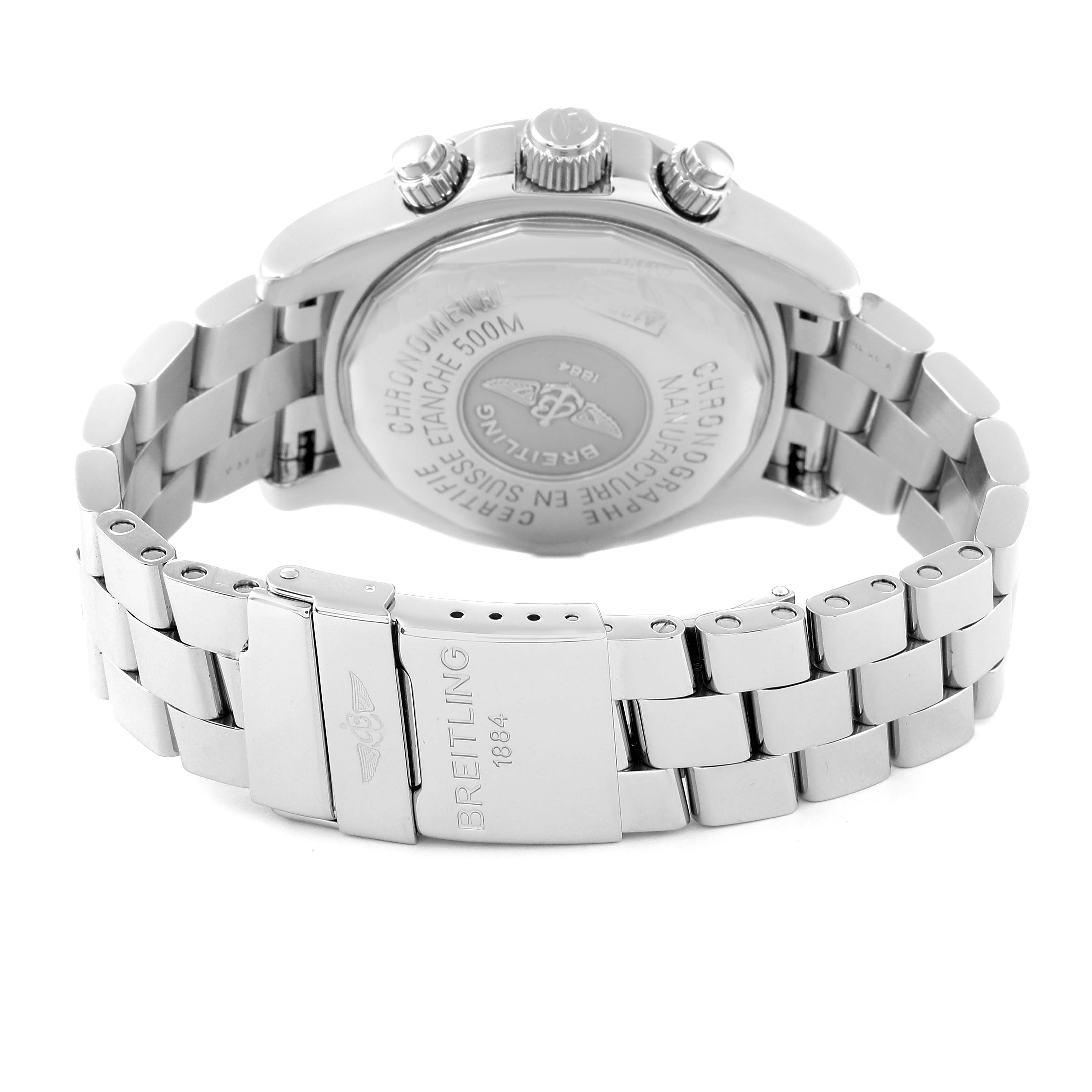 This image shows the back case and metal bracelet of a Breitling Superocean A13340 Men's Stainless Steel Black Dial A13340 Men's Stainless Steel Black Dial watch.