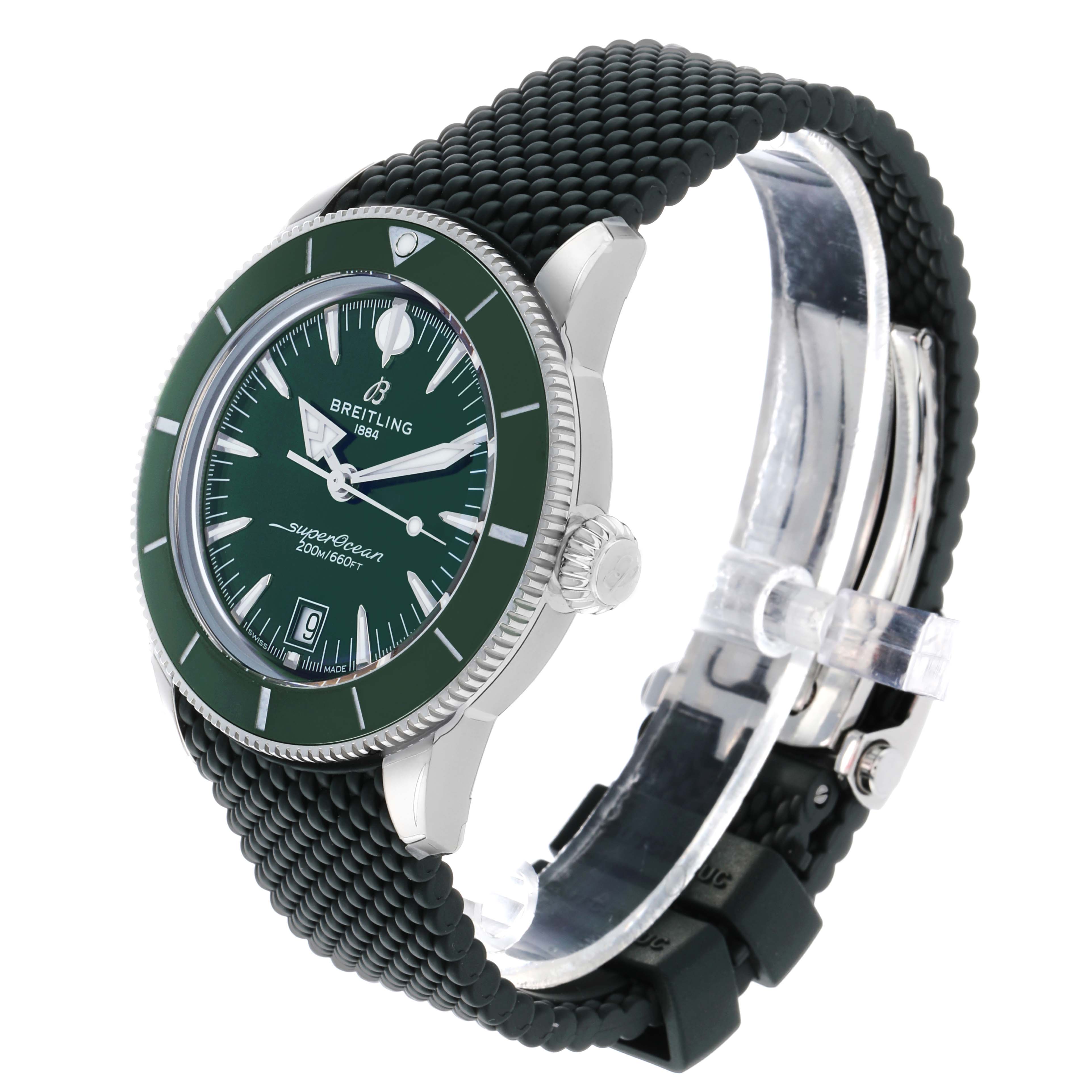 The Breitling Superocean AB3111 Men's Stainless Steel Green Dial watch is shown at a side angle, highlighting its green dial, bezel, crown, and textured strap.