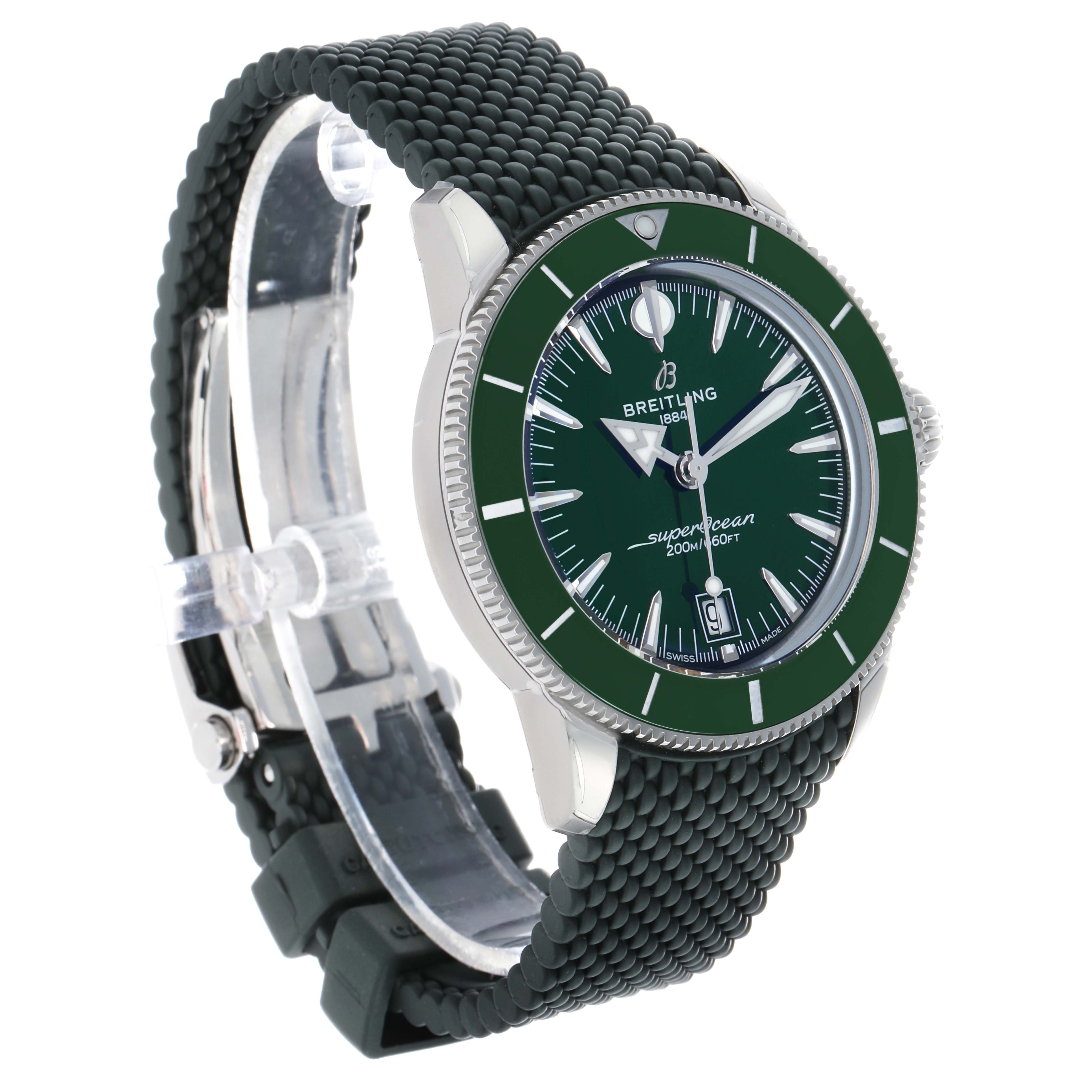 The Breitling Superocean AB3111 Men's Stainless Steel Green Dial watch is shown at a three-quarter angle, displaying its face, bezel, and textured strap.