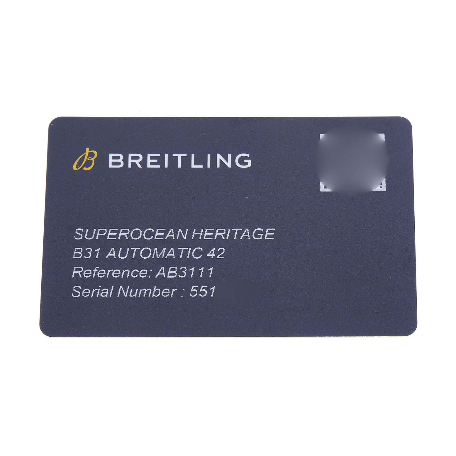 The image shows an identification card for the Breitling Superocean AB3111 Men's Stainless Steel Green Dial Heritage, detailing model, reference, and serial number.