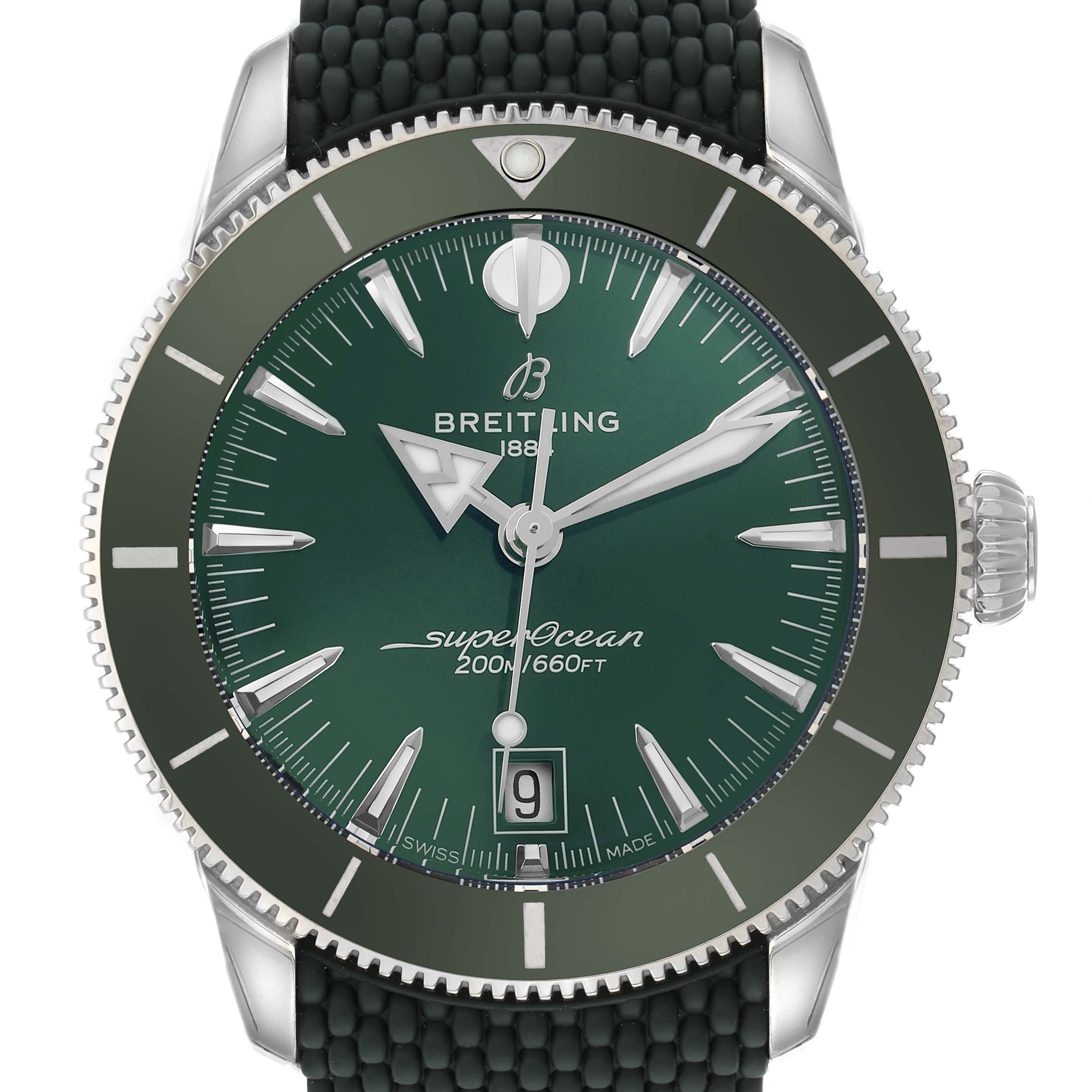 The Breitling Superocean AB3111 Men's Stainless Steel Green Dial watch is shown from a front angle, displaying the dial, bezel, and crown.