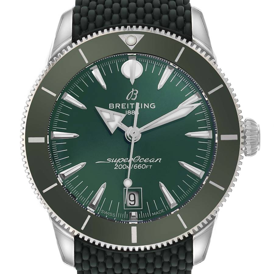 The Breitling Superocean AB3111 Men's Stainless Steel Green Dial watch is shown from a front angle, displaying the dial, bezel, and crown.