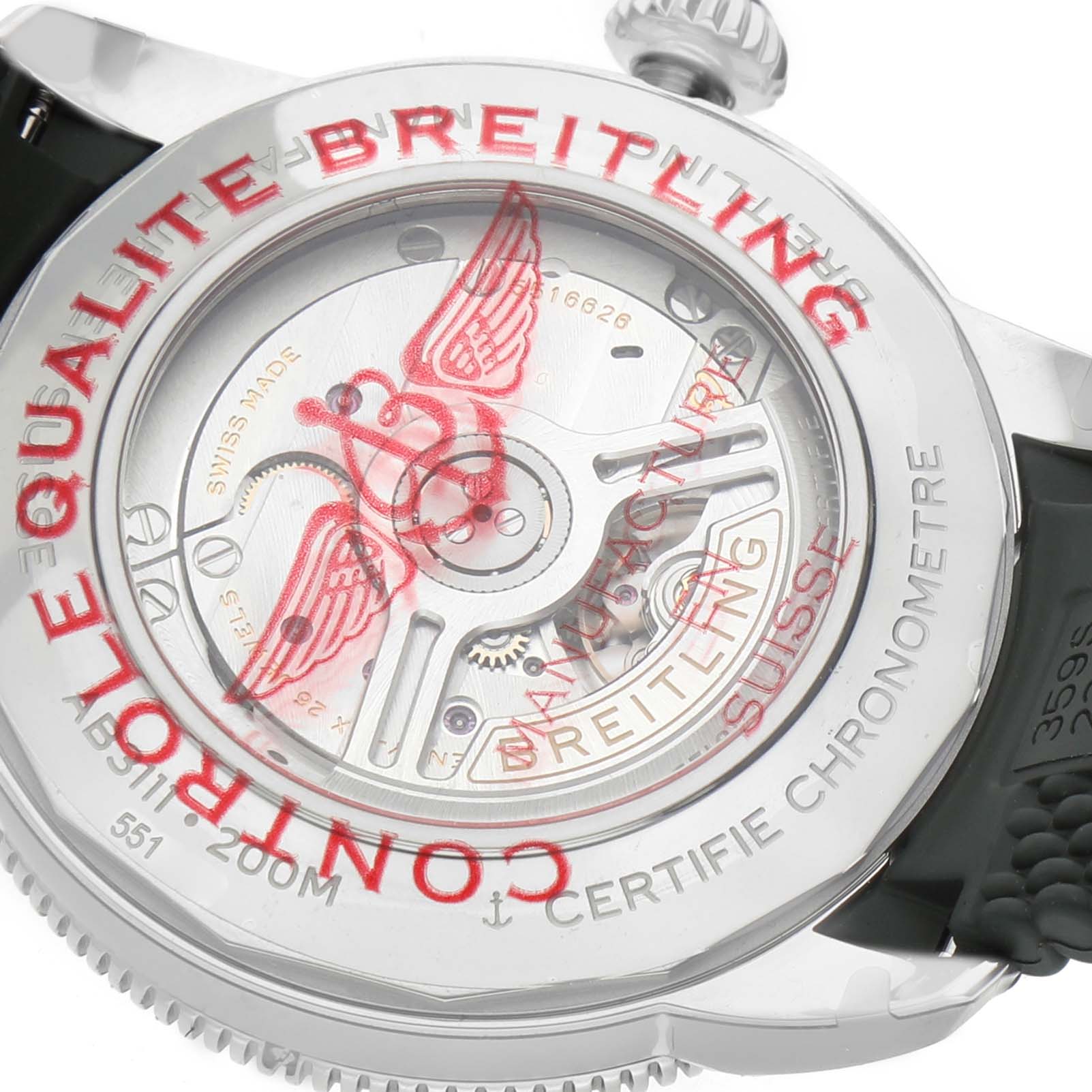 The image shows the back case of a Breitling Superocean AB3111 Men's Stainless Steel Green Dial, revealing the movement and inscriptions.