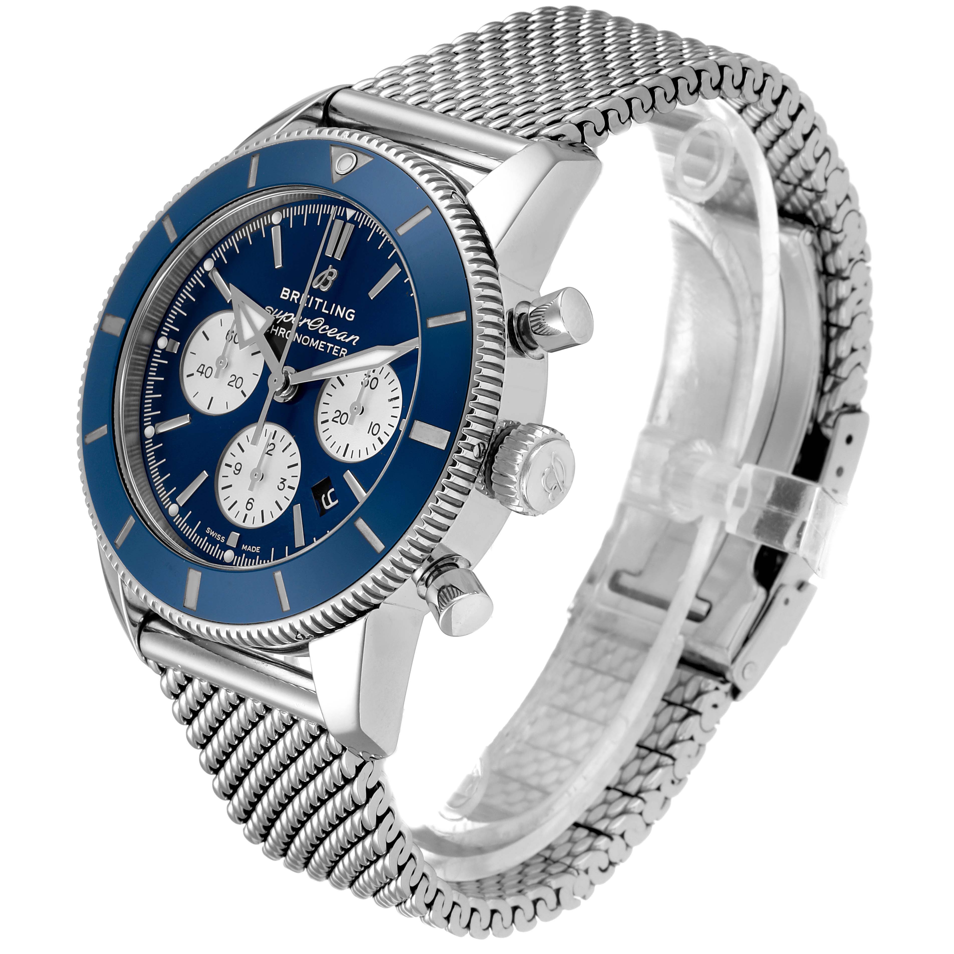 The image shows a Breitling Superocean AB016216 Men's Stainless Steel Blue Dial AB016216 Men's Stainless Steel Blue Dial watch at a three-quarter angle with a blue face and mesh bracelet.