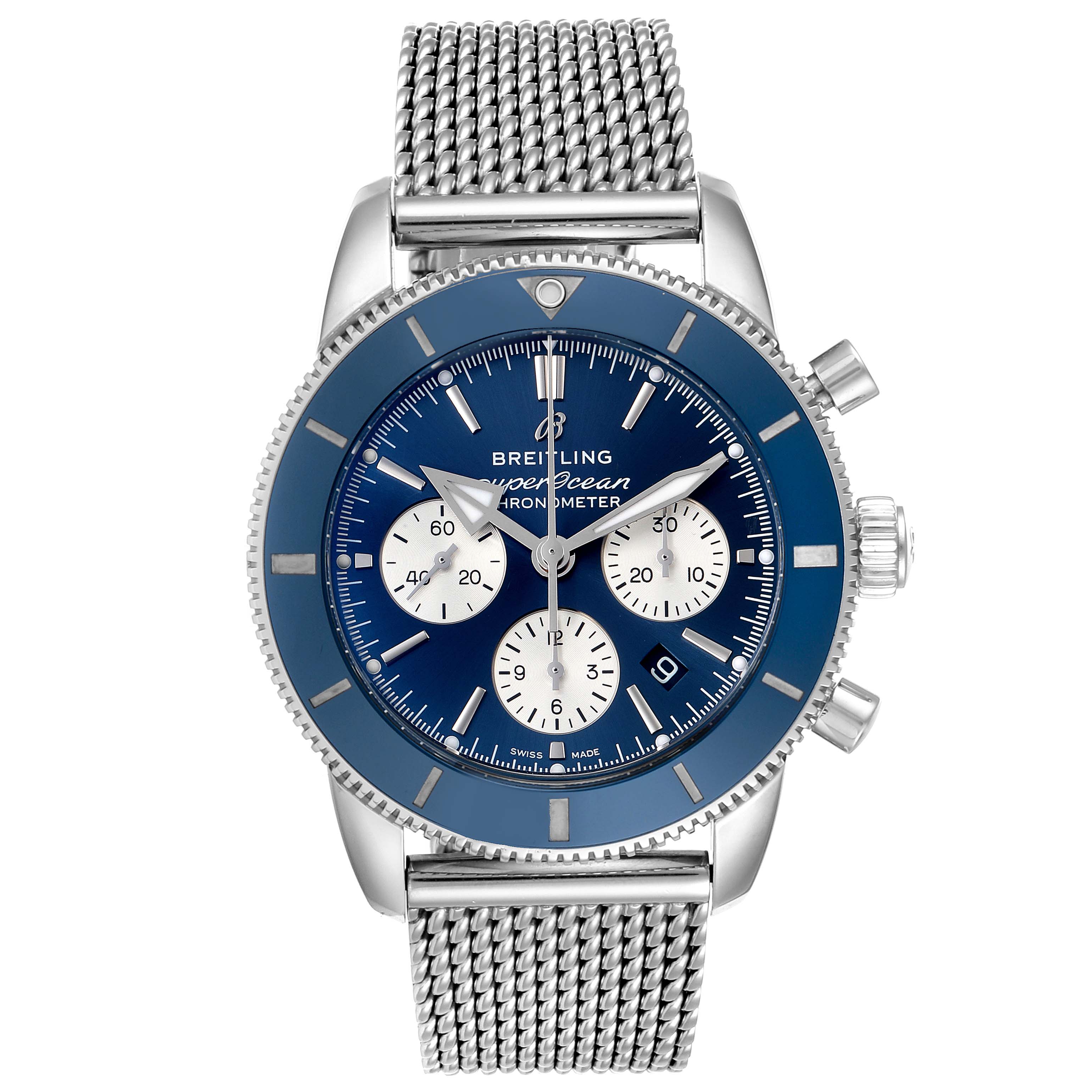 The image shows a front view of a Breitling Superocean AB016216 Men's Stainless Steel Blue Dial AB016216 Men's Stainless Steel Blue Dial watch, highlighting its blue dial, chronograph subdials, and mesh bracelet.