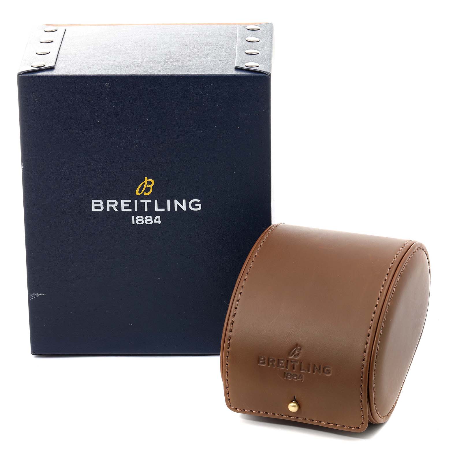 The image shows the packaging and a brown leather watch case for the Breitling Superocean AB016216 Men's Stainless Steel Blue Dial AB016216 Men's Stainless Steel Blue Dial.