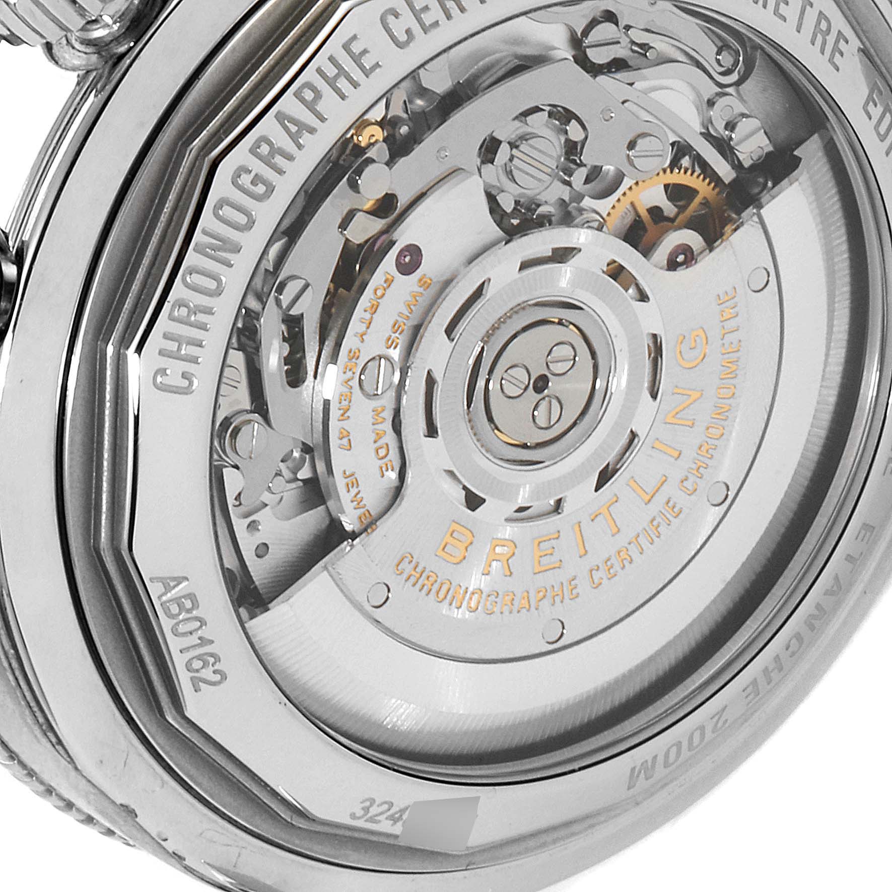 This close-up image shows the movement mechanism of a Breitling Superocean AB016216 Men's Stainless Steel Blue Dial AB016216 Men's Stainless Steel Blue Dial watch from the back.