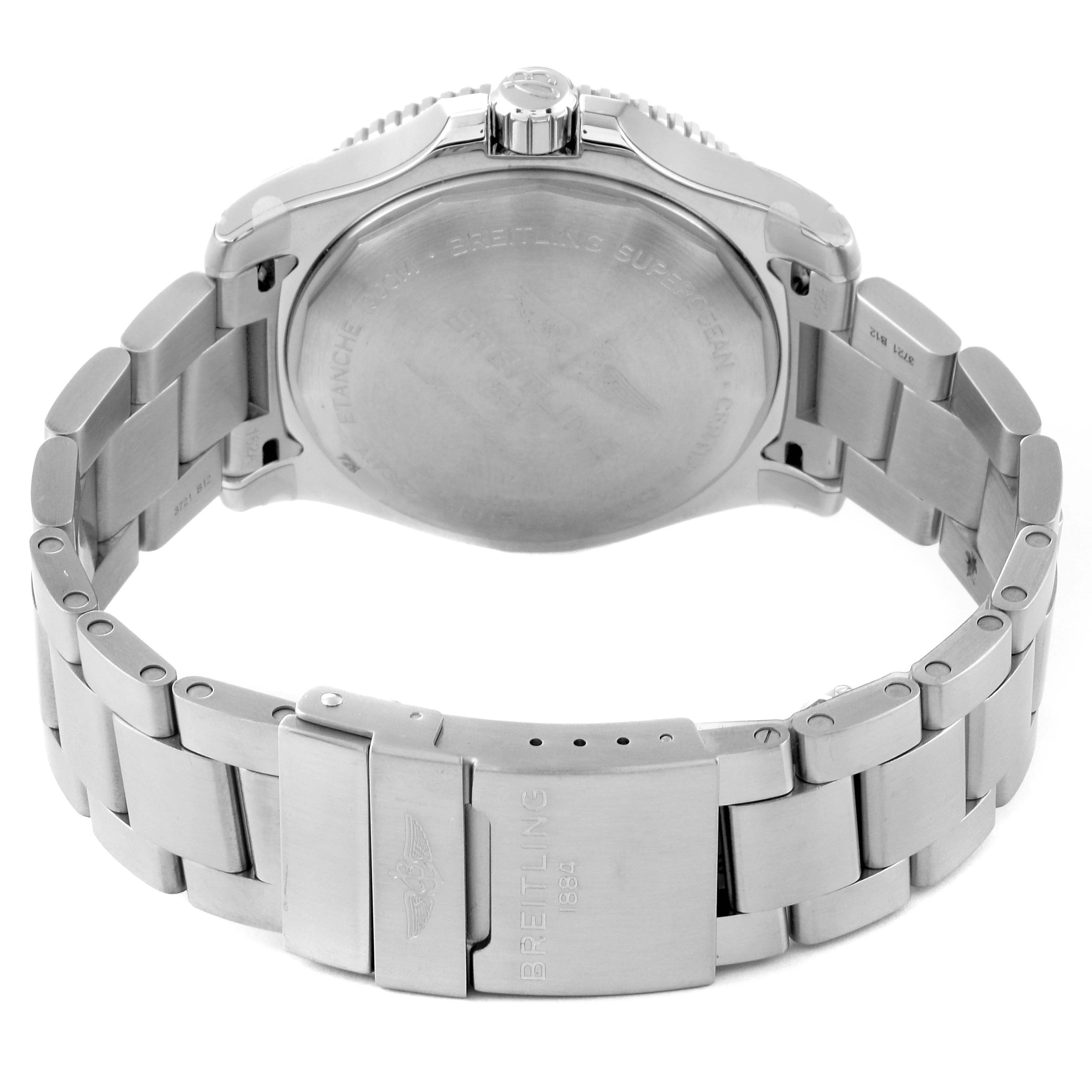 This image of the Breitling Superocean A17367 Men's Stainless Steel Yellow Dial A17367 Men's Stainless Steel Yellow Dial watch shows the back case and metal bracelet from a rear angle.