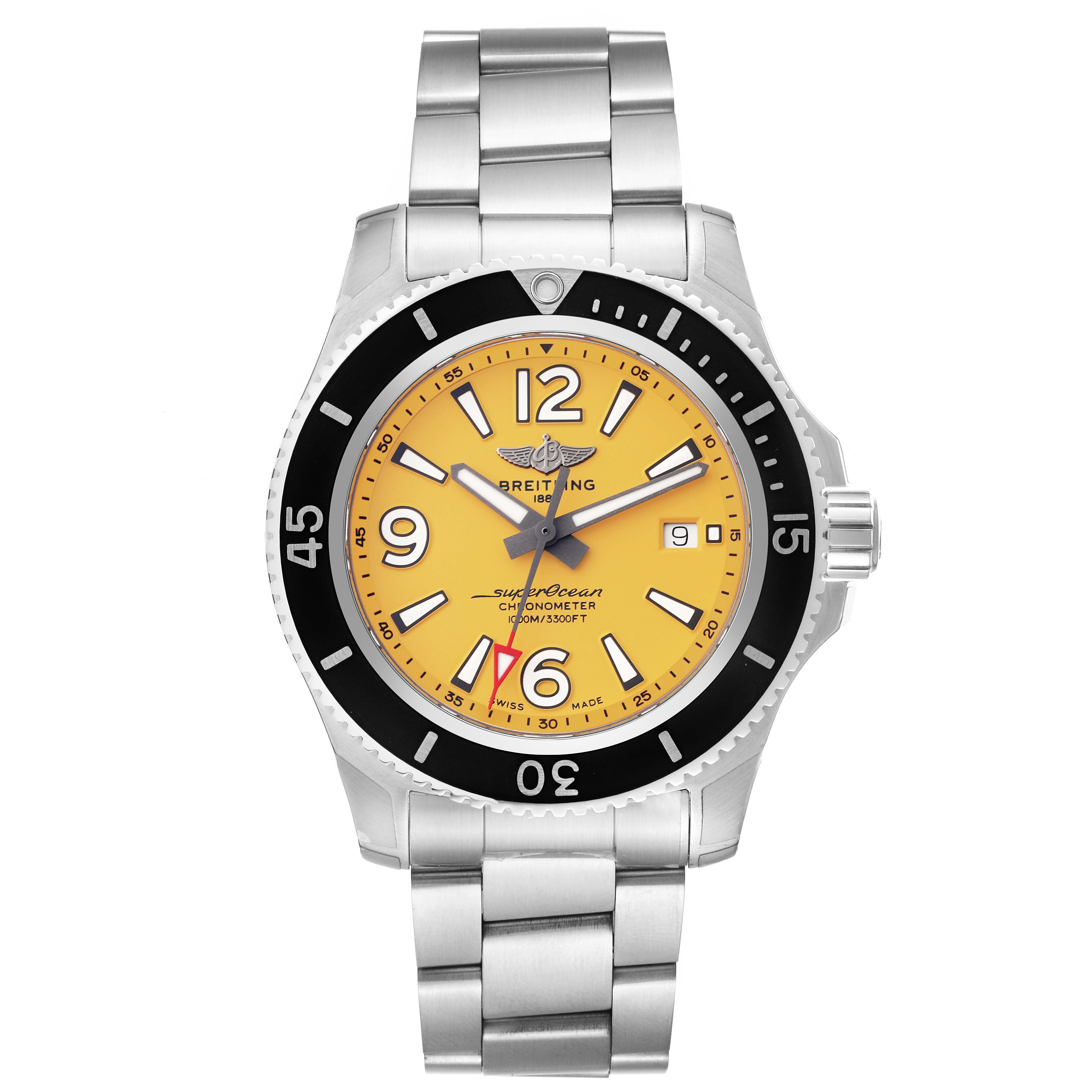 The image shows a front view of the Breitling Superocean A17367 Men's Stainless Steel Yellow Dial A17367 Men's Stainless Steel Yellow Dial watch, highlighting its yellow dial, bezel, and stainless steel bracelet.