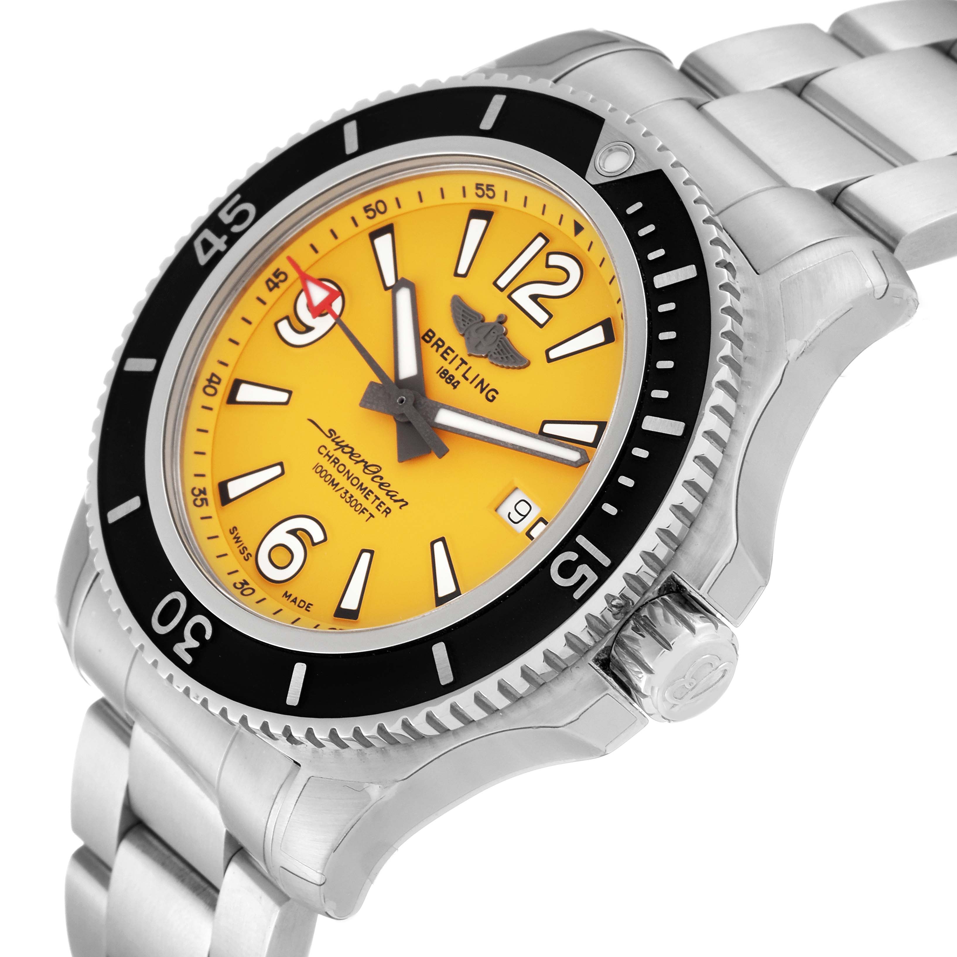 This Breitling Superocean A17367 Men's Stainless Steel Yellow Dial A17367 Men's Stainless Steel Yellow Dial watch is shown at an angled side view, highlighting the yellow face, bezel, and partial strap.