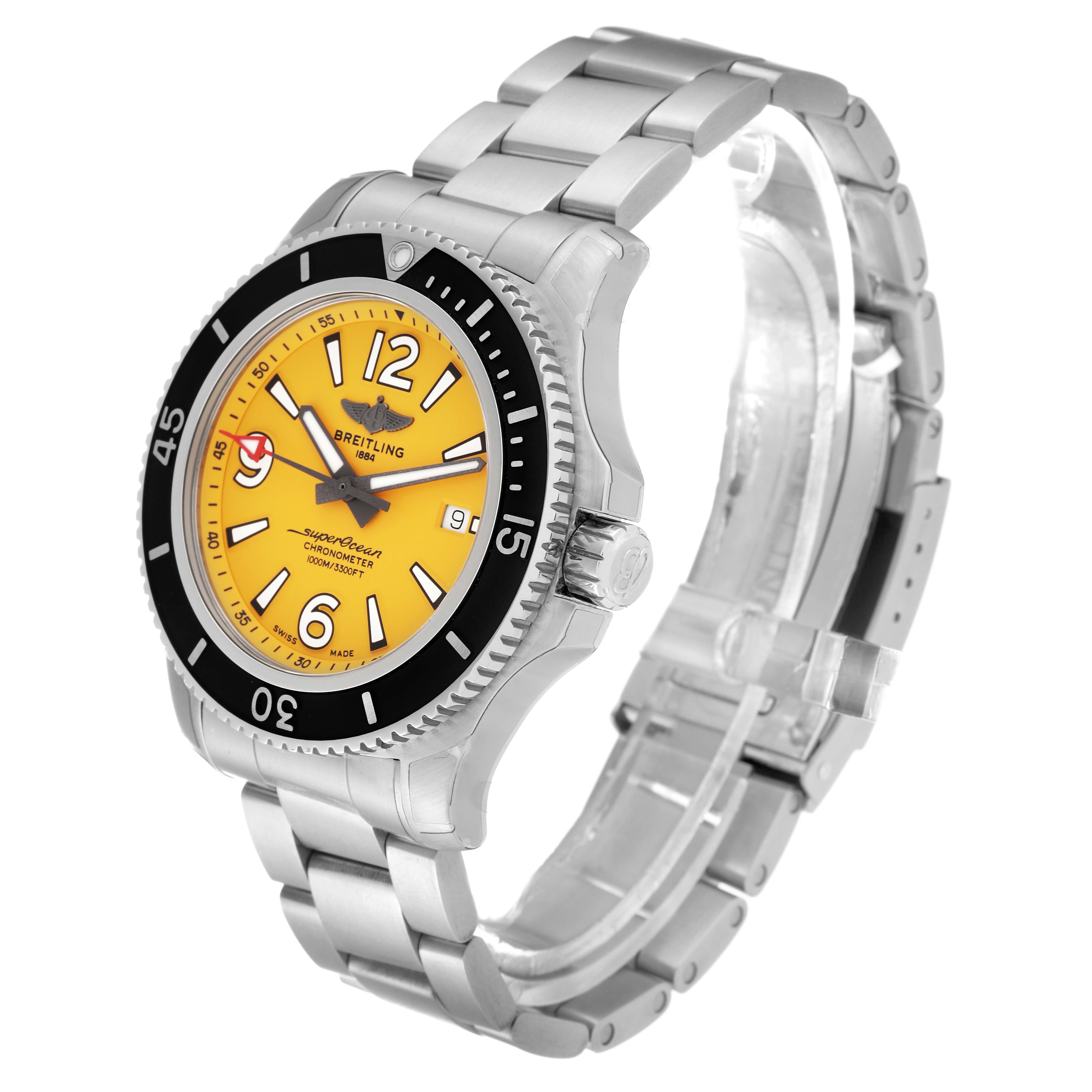 The image shows a Breitling Superocean A17367 Men's Stainless Steel Yellow Dial A17367 Men's Stainless Steel Yellow Dial watch from an angled side view showcasing the yellow dial, bezel, and metal bracelet.