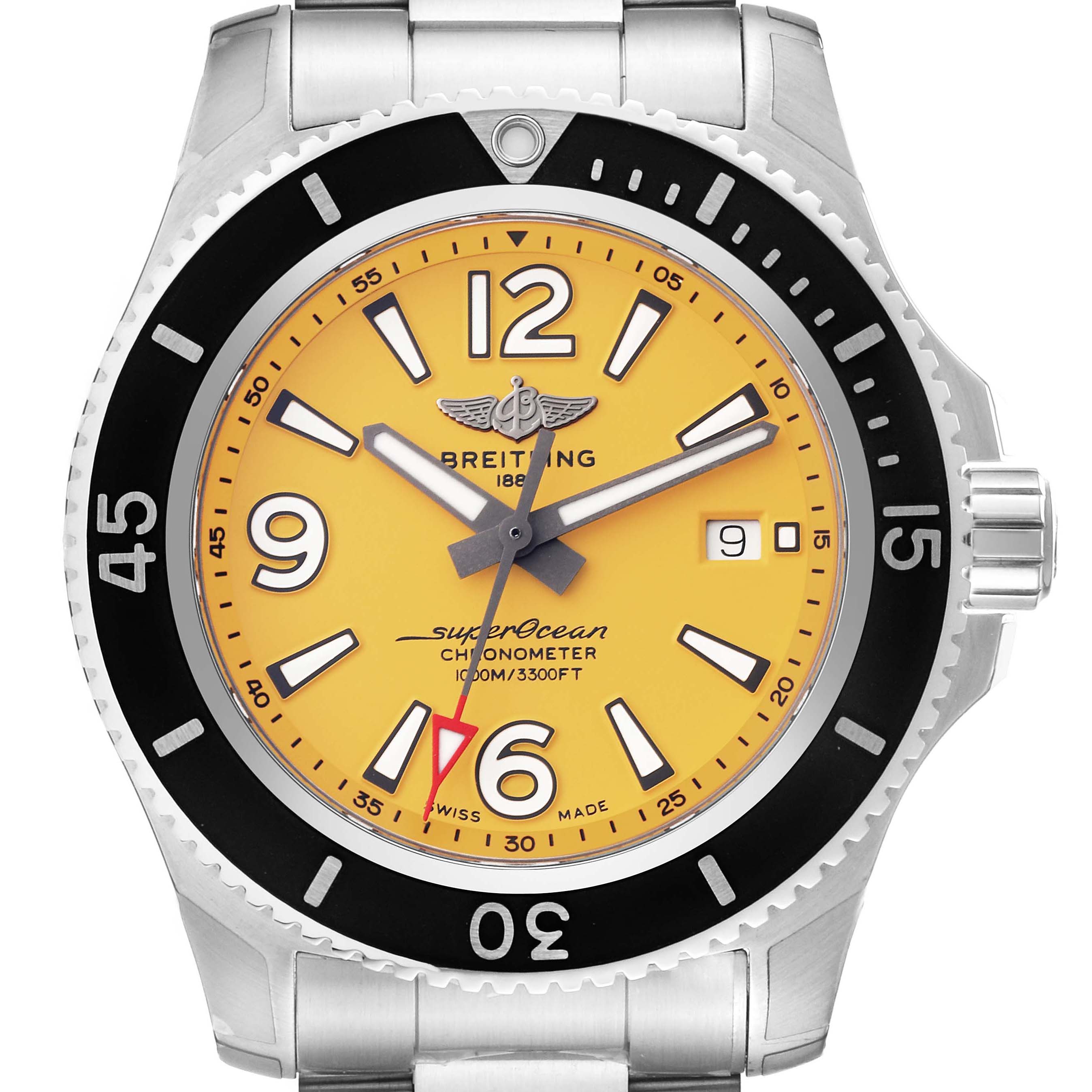 This image shows a front view of a Breitling Superocean A17367 Men's Stainless Steel Yellow Dial A17367 Men's Stainless Steel Yellow Dial watch, highlighting its yellow dial, black bezel, and stainless steel bracelet.
