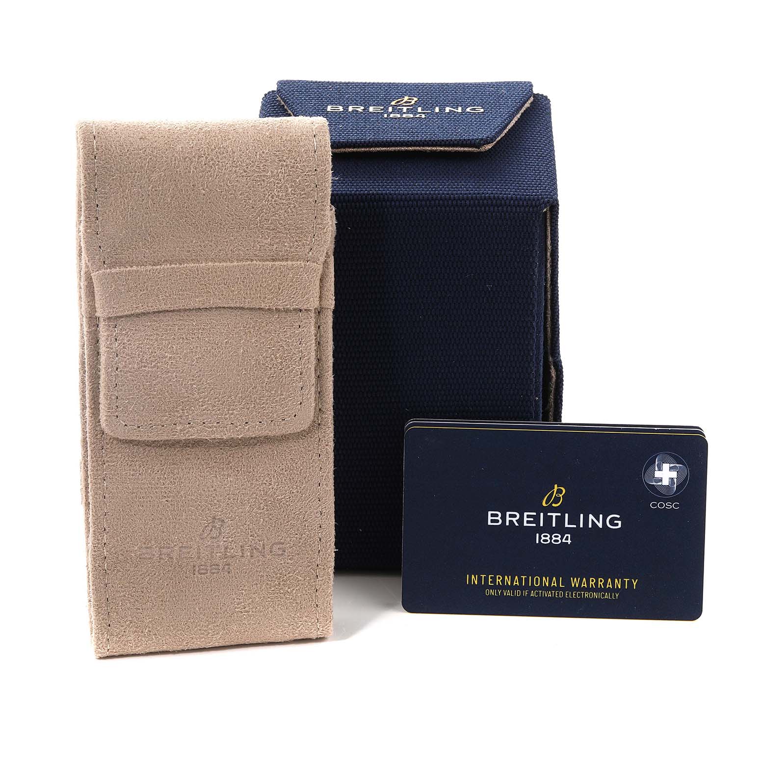 The image shows the packaging, including a suede pouch, a box, and an international warranty card for the Breitling Superocean A17367 Men's Stainless Steel Yellow Dial A17367 Men's Stainless Steel Yellow Dial watch.